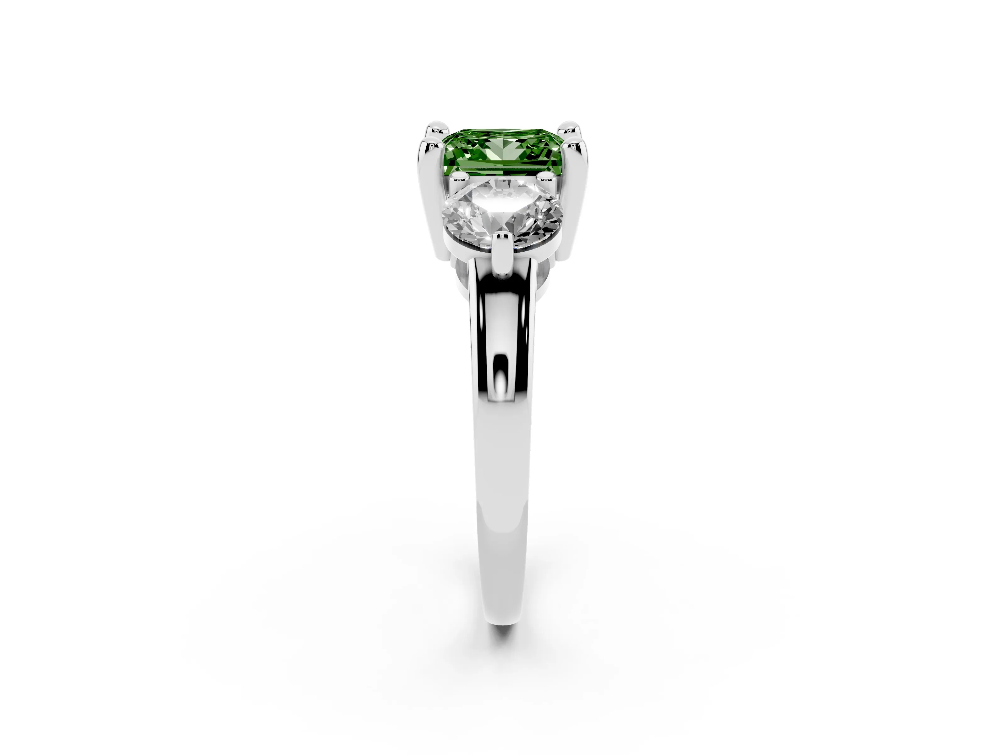 Fancy Green Princess Cut Diamond Three-Stone Ring Set in White gold with Prong Setting and Classic Band