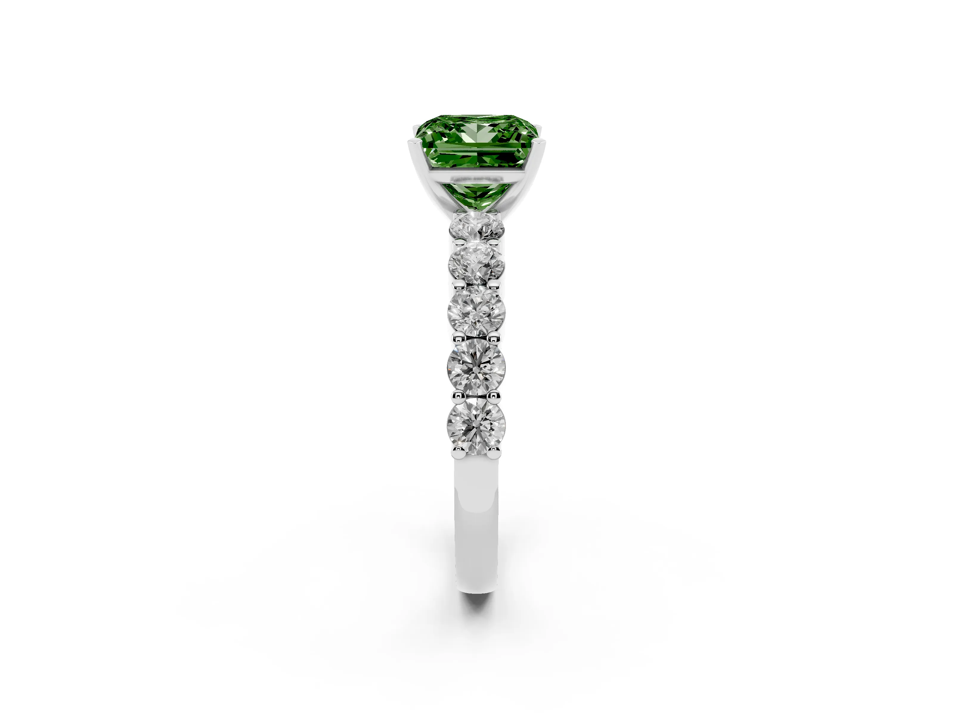 Fancy Green Princess Cut Diamond Solitaire Ring Set in Platinum with Shared Prong Round Side Stones