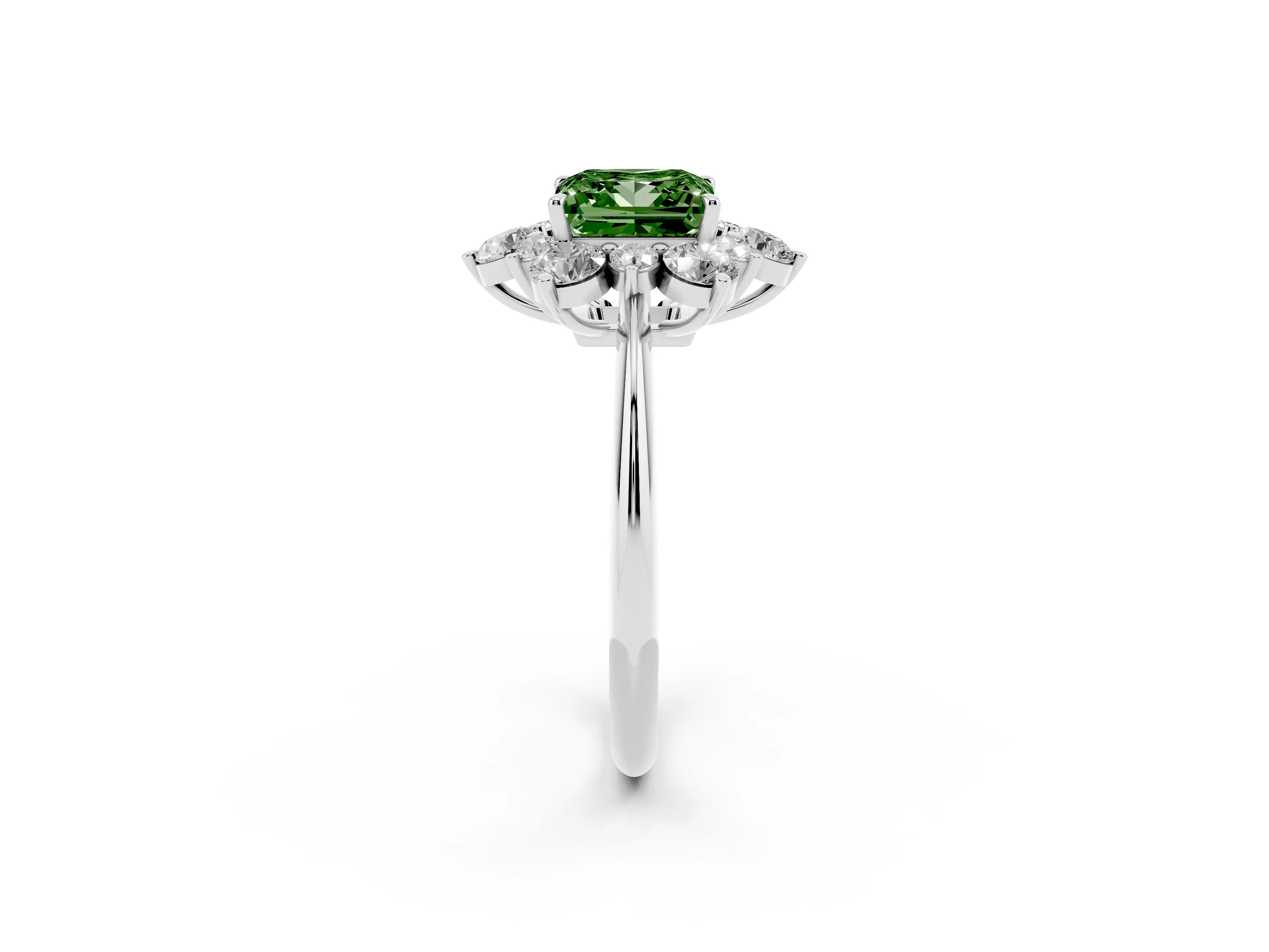 Fancy Green Princess Cut Diamond Cluster Halo Ring Set in Silver with Solitaire Band and Prong Setting