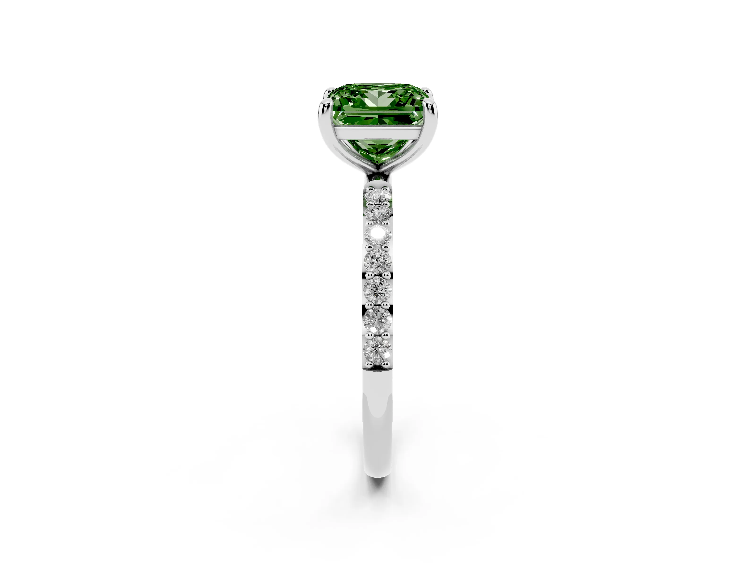 Fancy Green Princess Cut Diamond Solitaire Ring Set in White gold with Round Pavé Band and Prong Setting