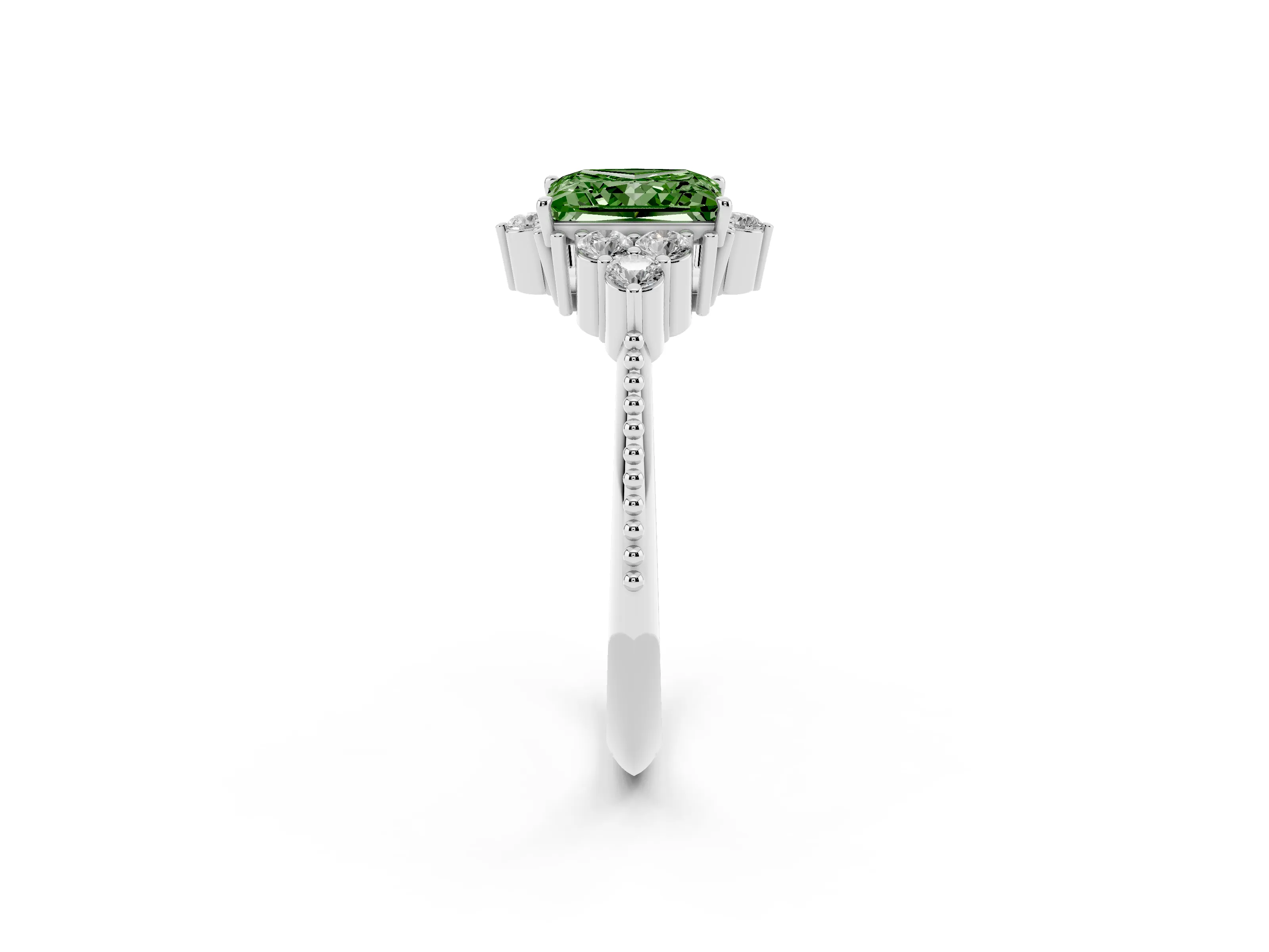 Fancy Green Princess Cut Diamond Cluster Ring Set in Silver with Beaded Band