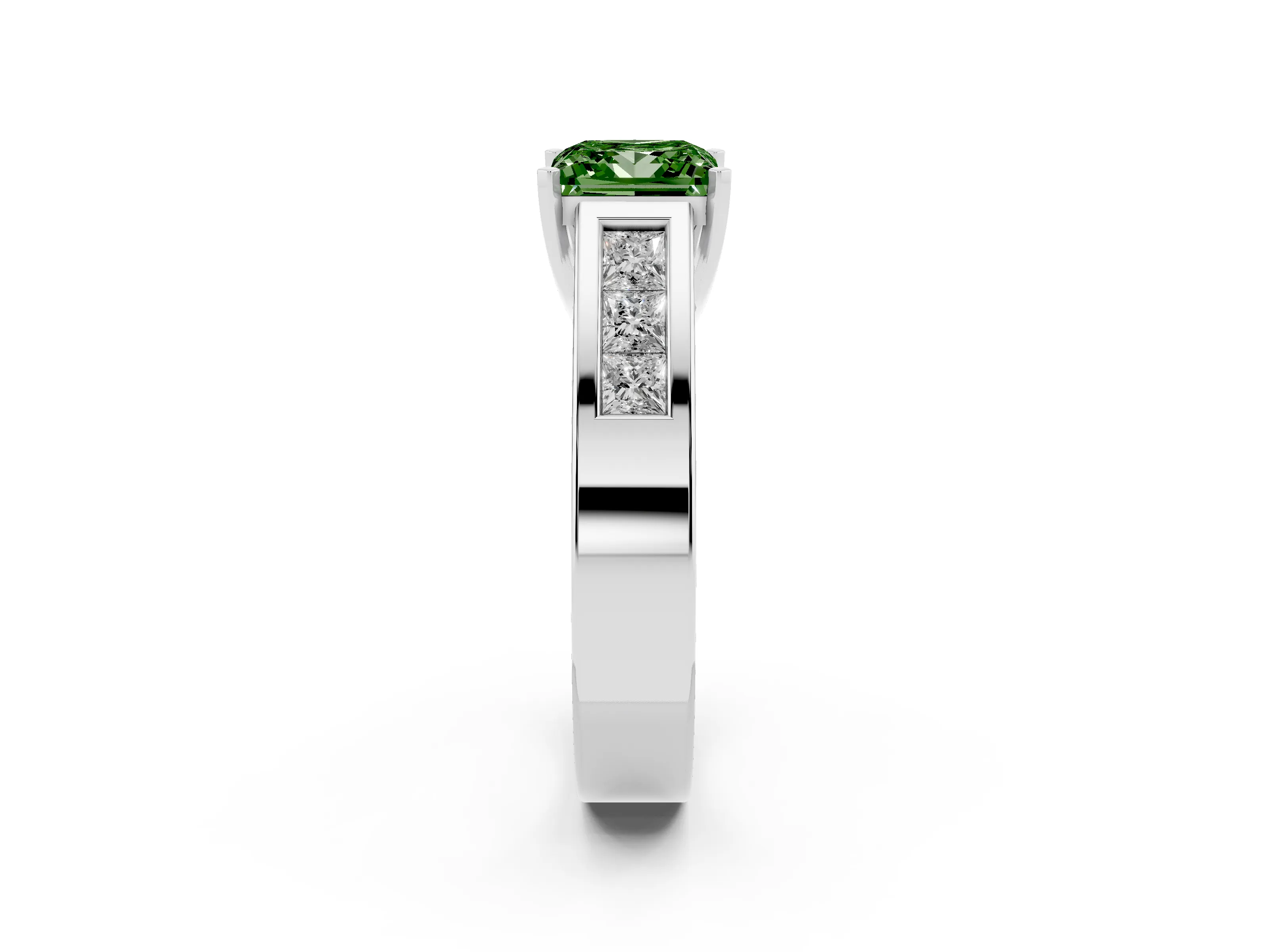 Fancy Green Princess Cut Diamond Solitaire Ring Set in Silver with Channel-Set Accent Stones and Prong Setting