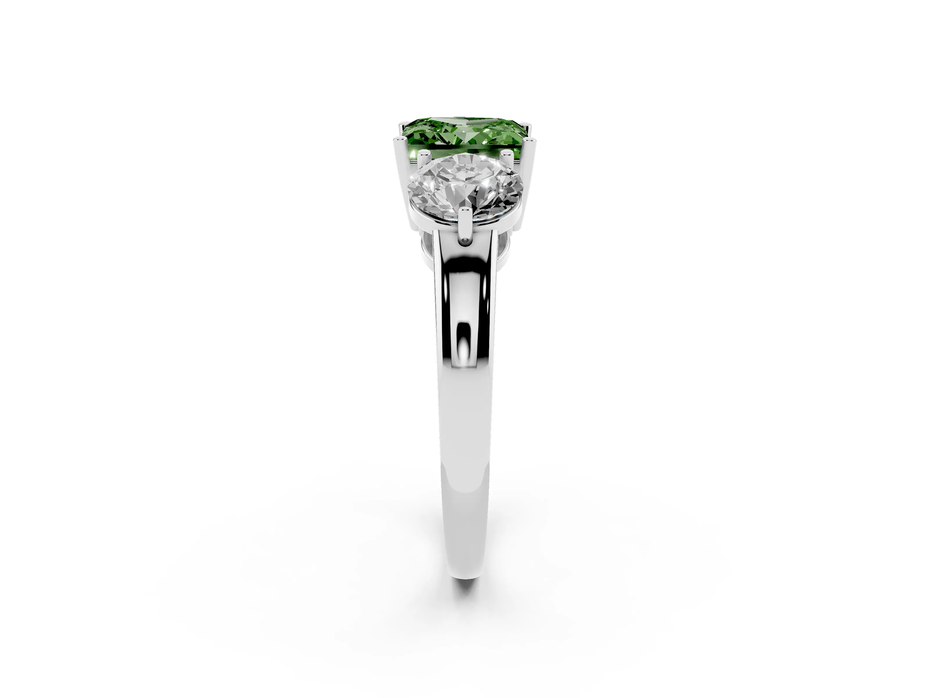 Fancy Green Princess Cut Diamond Three-Stone Ring Set in White gold with Prong Setting and Plain Band