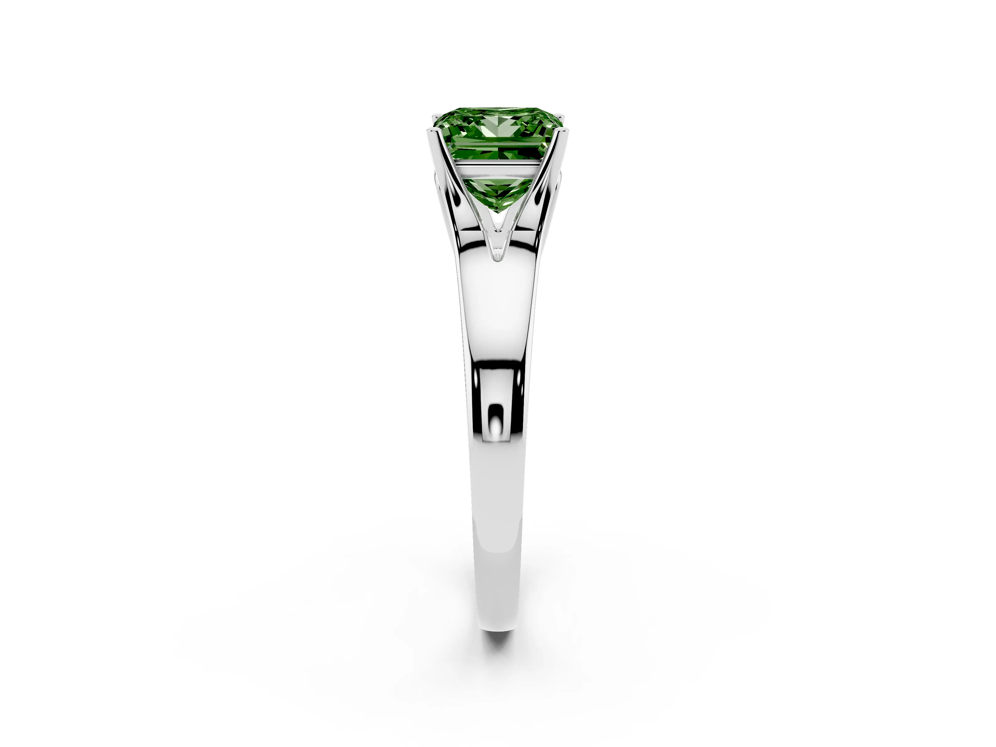 Fancy Green Princess Cut Diamond Solitaire Ring Set in Platinum with Arched Cathedral Band and Prong Setting