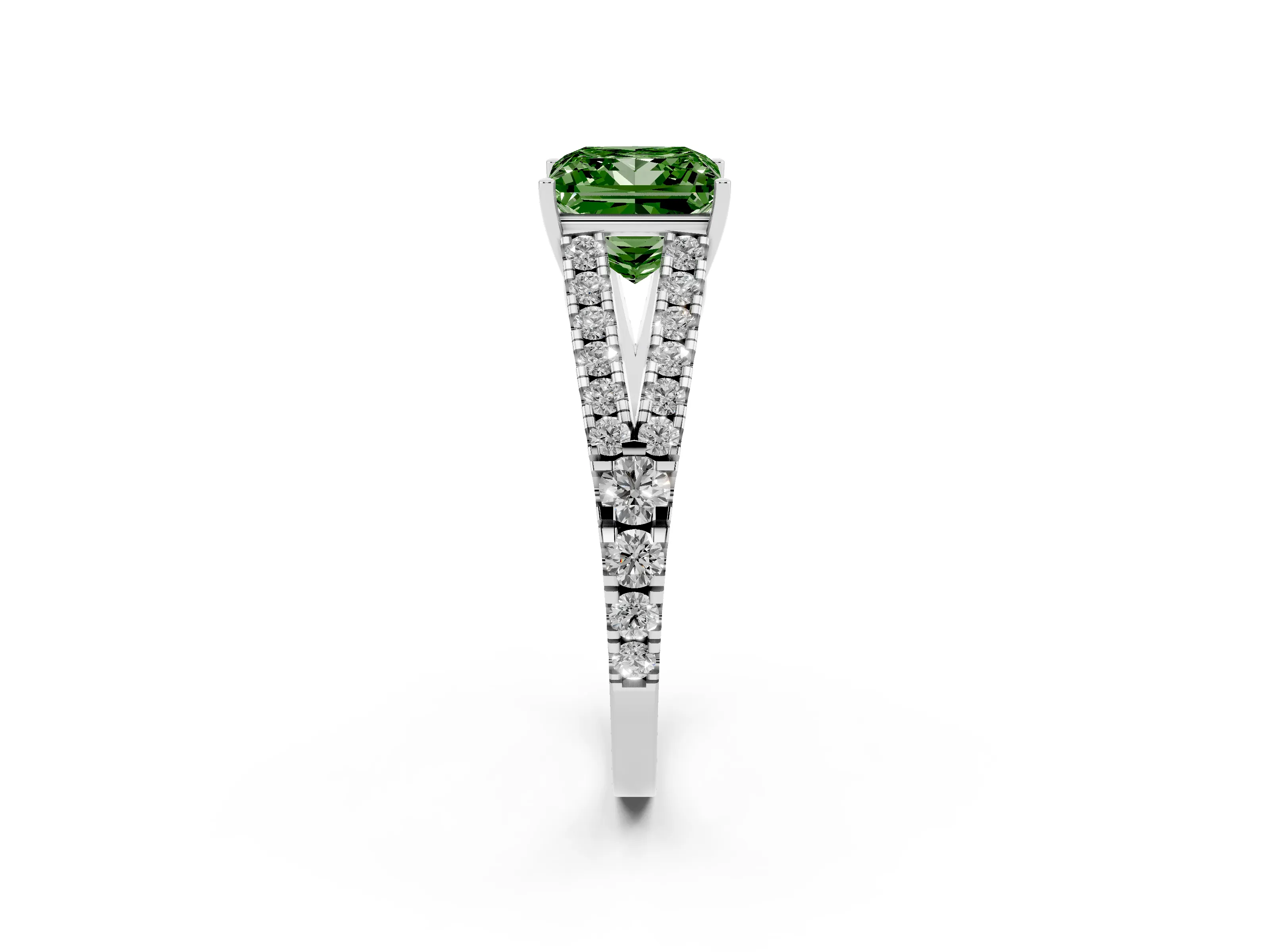Fancy Green Princess Cut Diamond Split Shank Pavé Engagement Ring Set in White gold with Prong-Held Center Stone