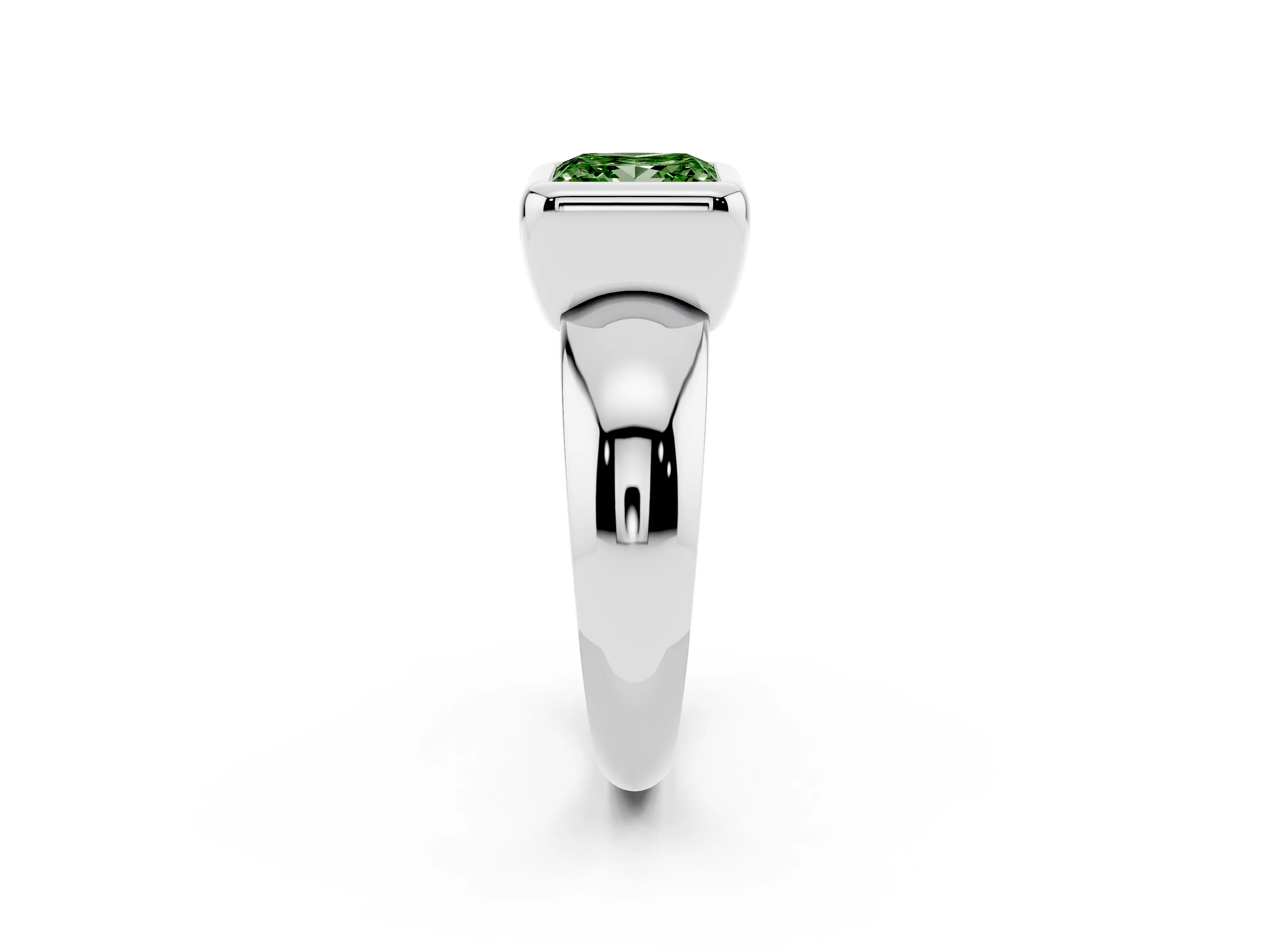 Fancy Green Bezel Set Princess Cut Diamond Solitaire Ring Set in White gold with Wide Band