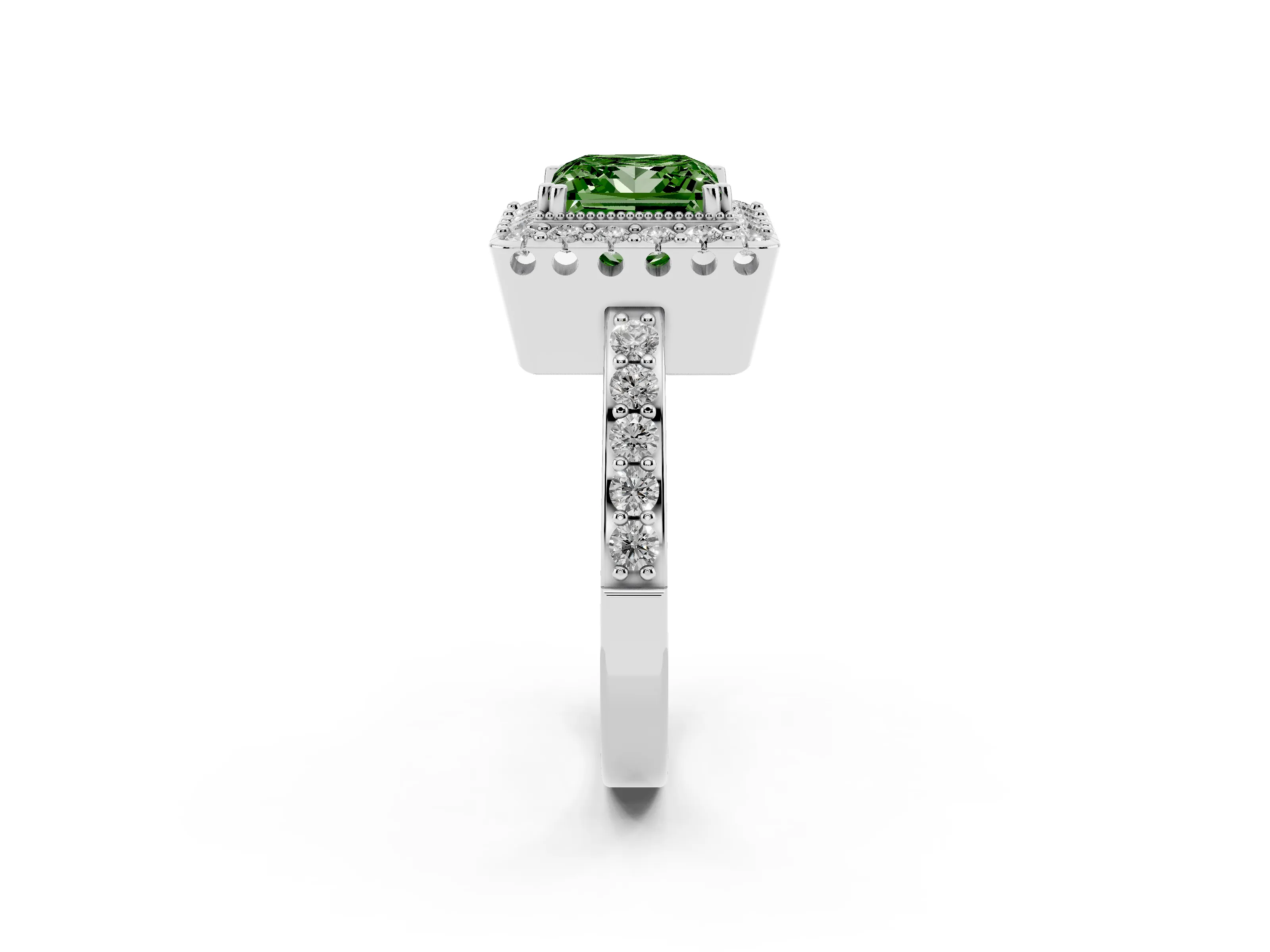 Fancy Green Princess Cut Diamond Halo Ring Set in White gold with Pavé Shank and Prong Setting