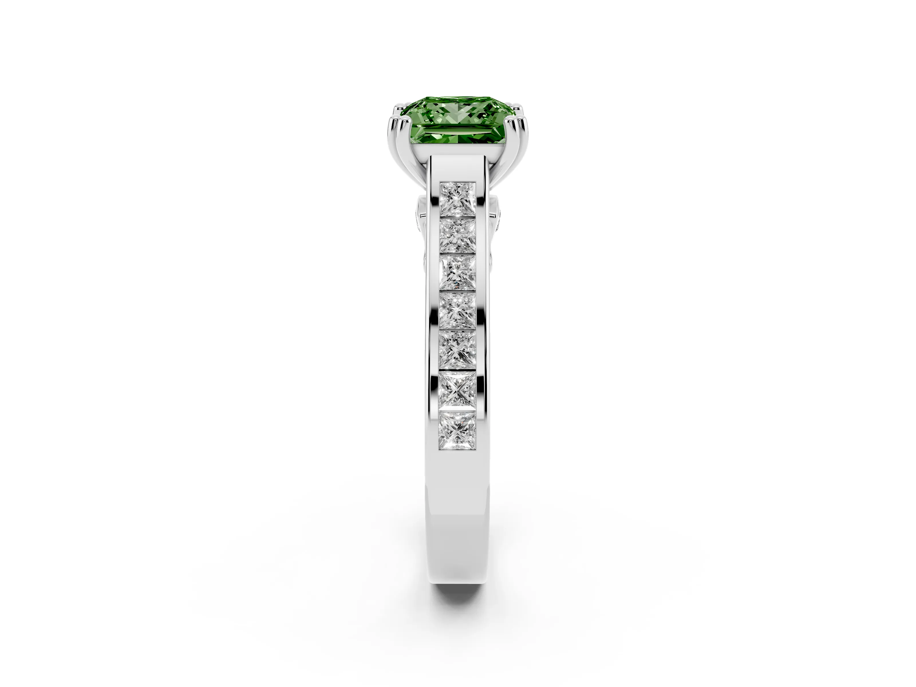 Fancy Green Princess Cut Diamond Channel Set Solitaire Engagement Ring Set in Silver with Prong Setting