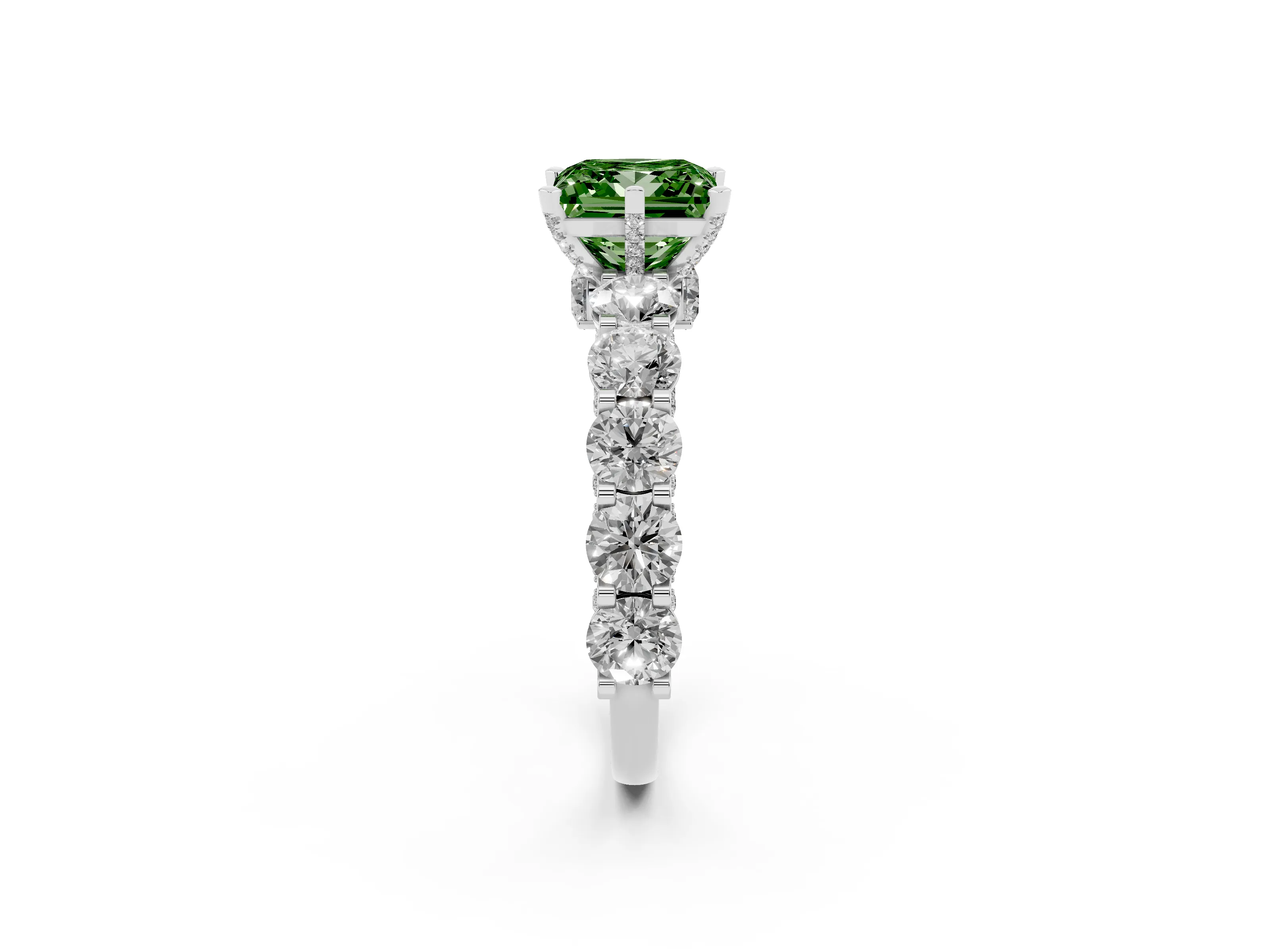 Fancy Green Princess Cut Diamond Side Stone Ring Set in Platinum with Alternating Round and Oval Side Stones