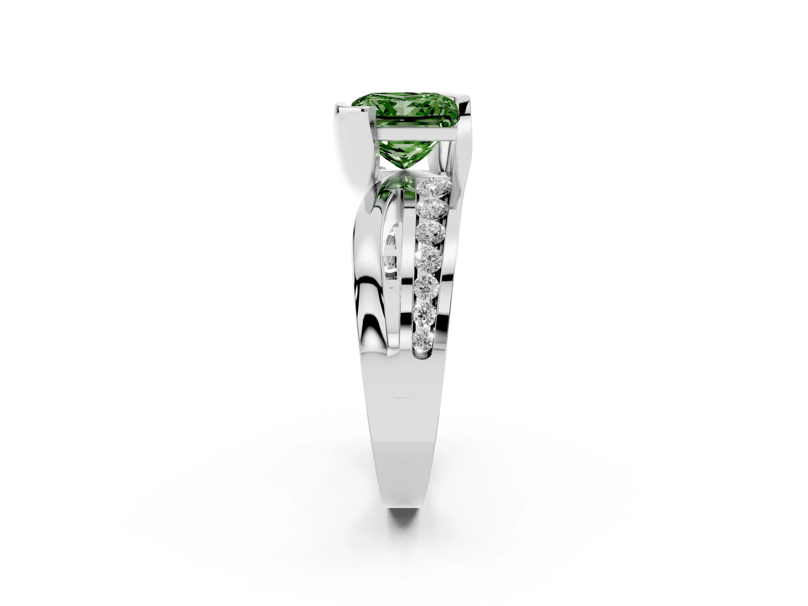Fancy Green Princess Cut Diamond Solitaire Ring Set in Silver with Channel Set Split Shank and Tension Prongs