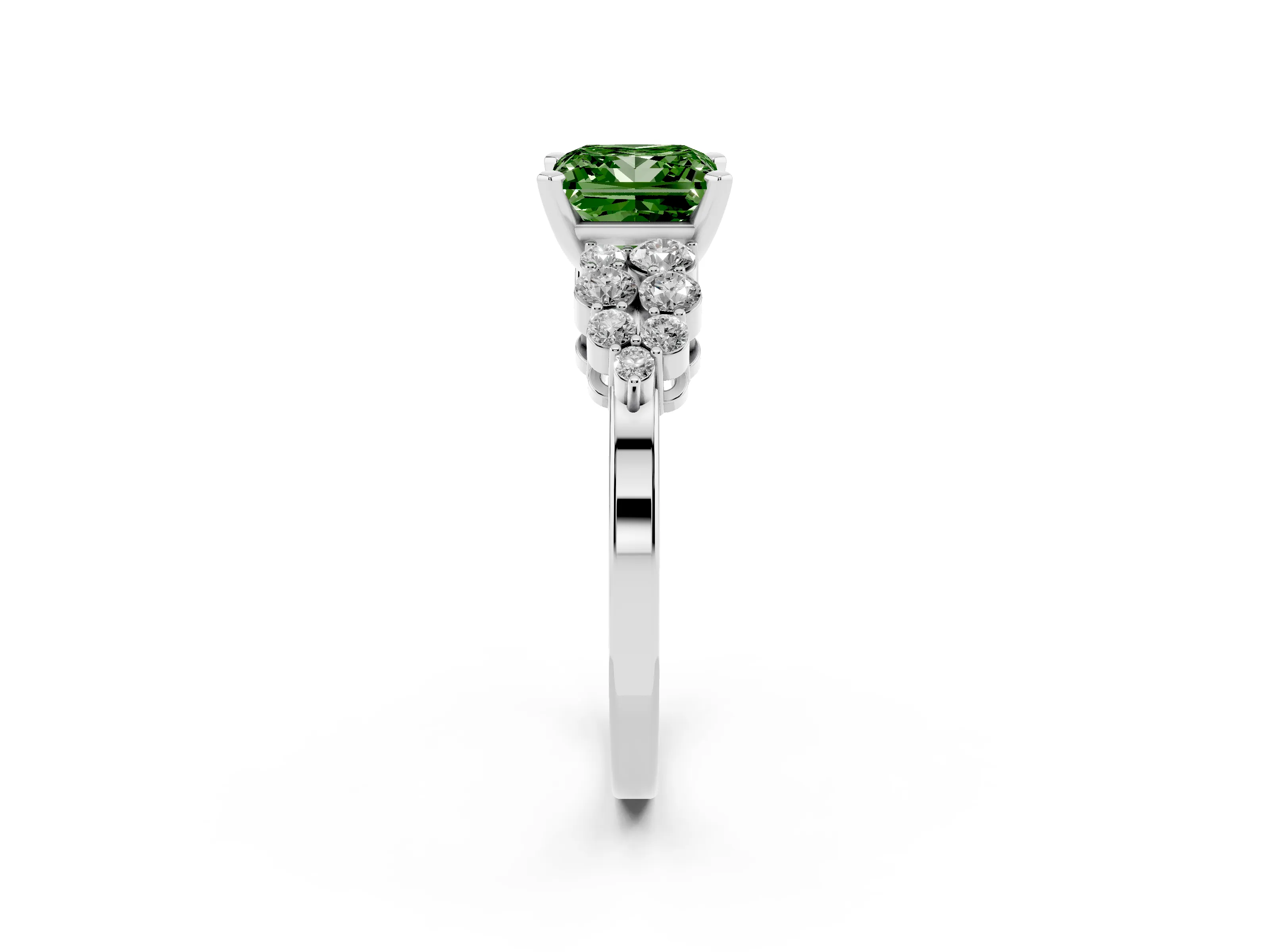 Fancy Green Princess Cut Diamond Cluster Engagement Ring Set in Platinum with Pavé Band and Prong Setting