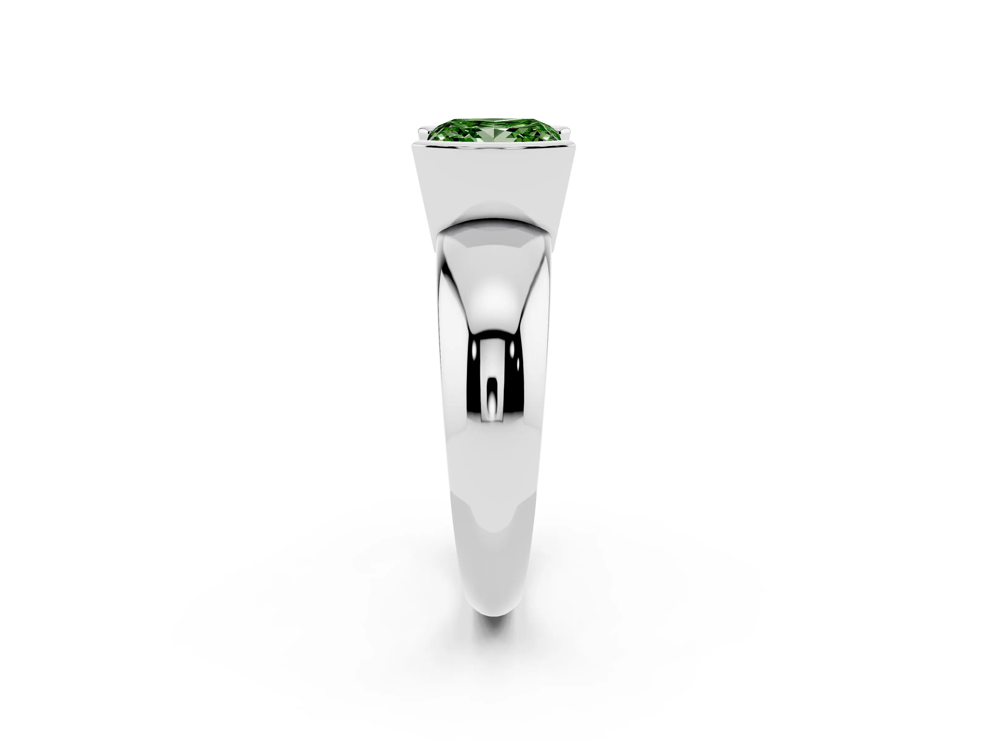 Fancy Green Princess Cut Diamond Solitaire Tension Set Ring Set in White gold with Wide Band