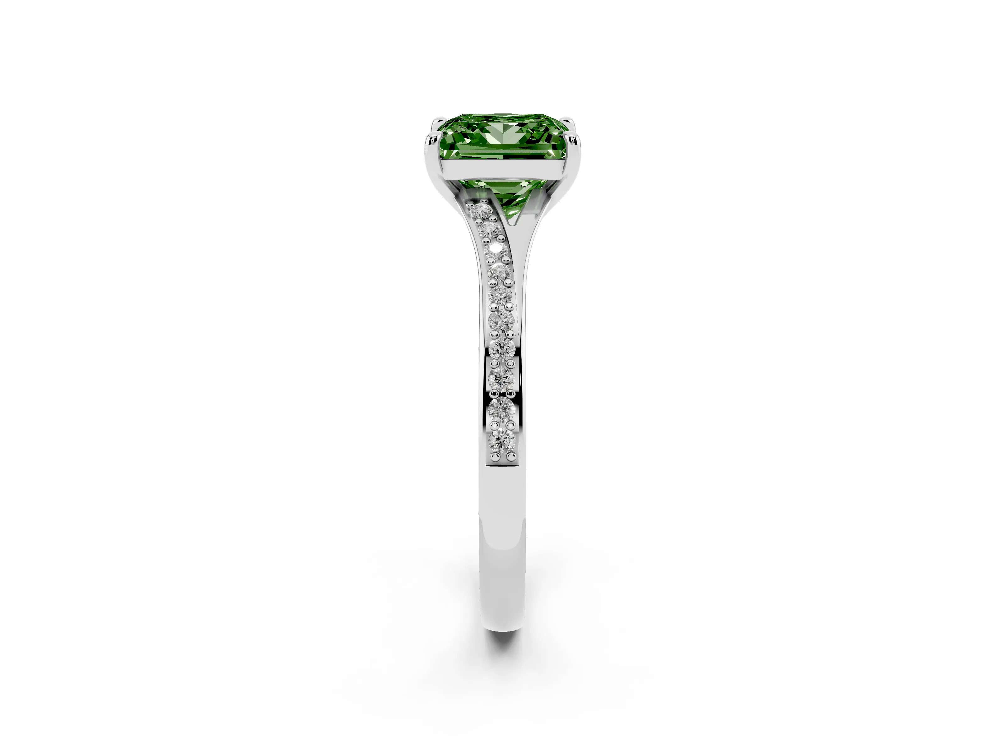 Fancy Green Princess Cut Diamond Solitaire Ring Set in Silver with Pavé Accent Band and Classic Prong Setting