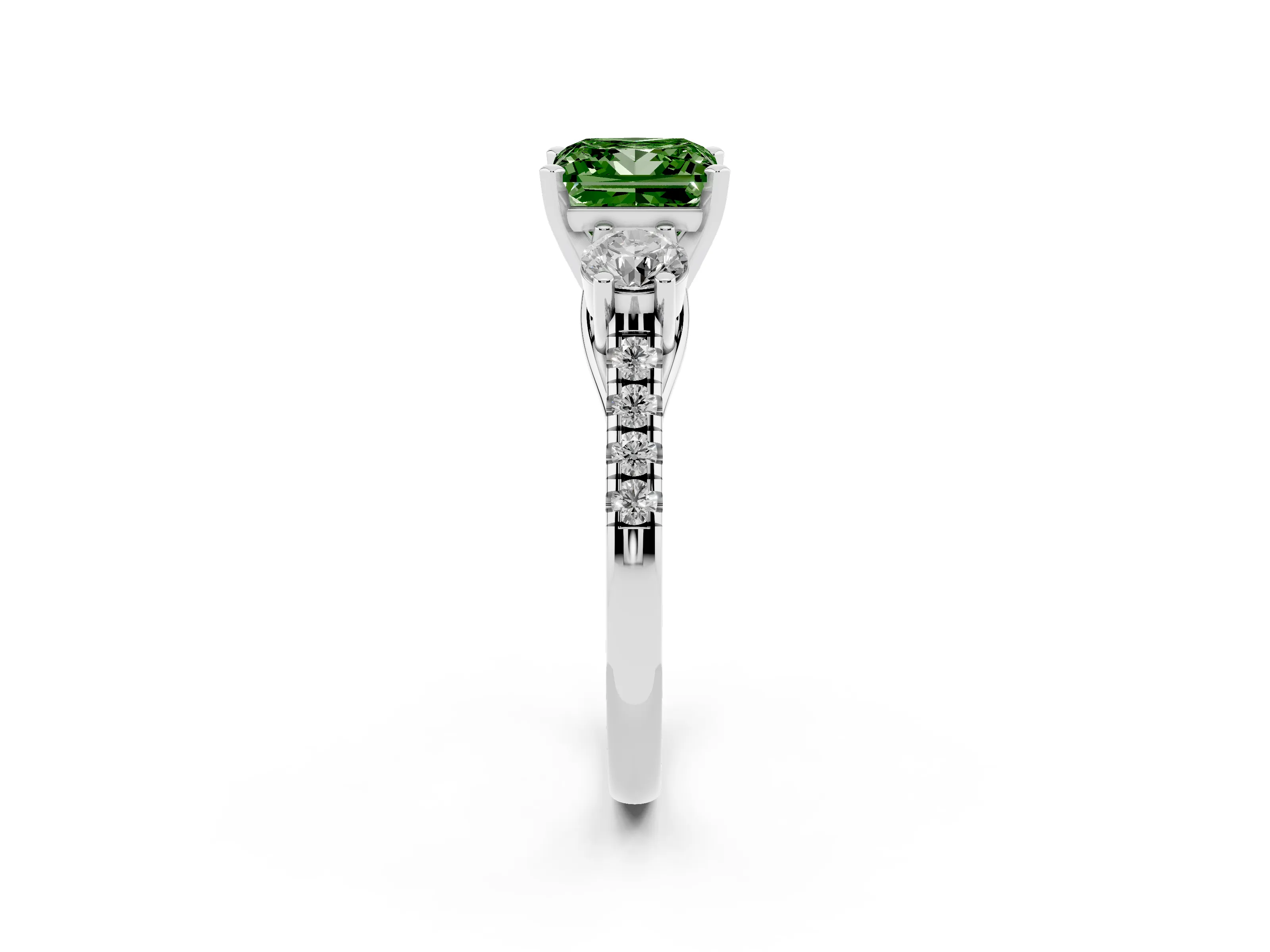 Fancy Green Three-Stone Princess Cut Diamond Pavé Band Ring Set in Platinum with Prong-Set Trio