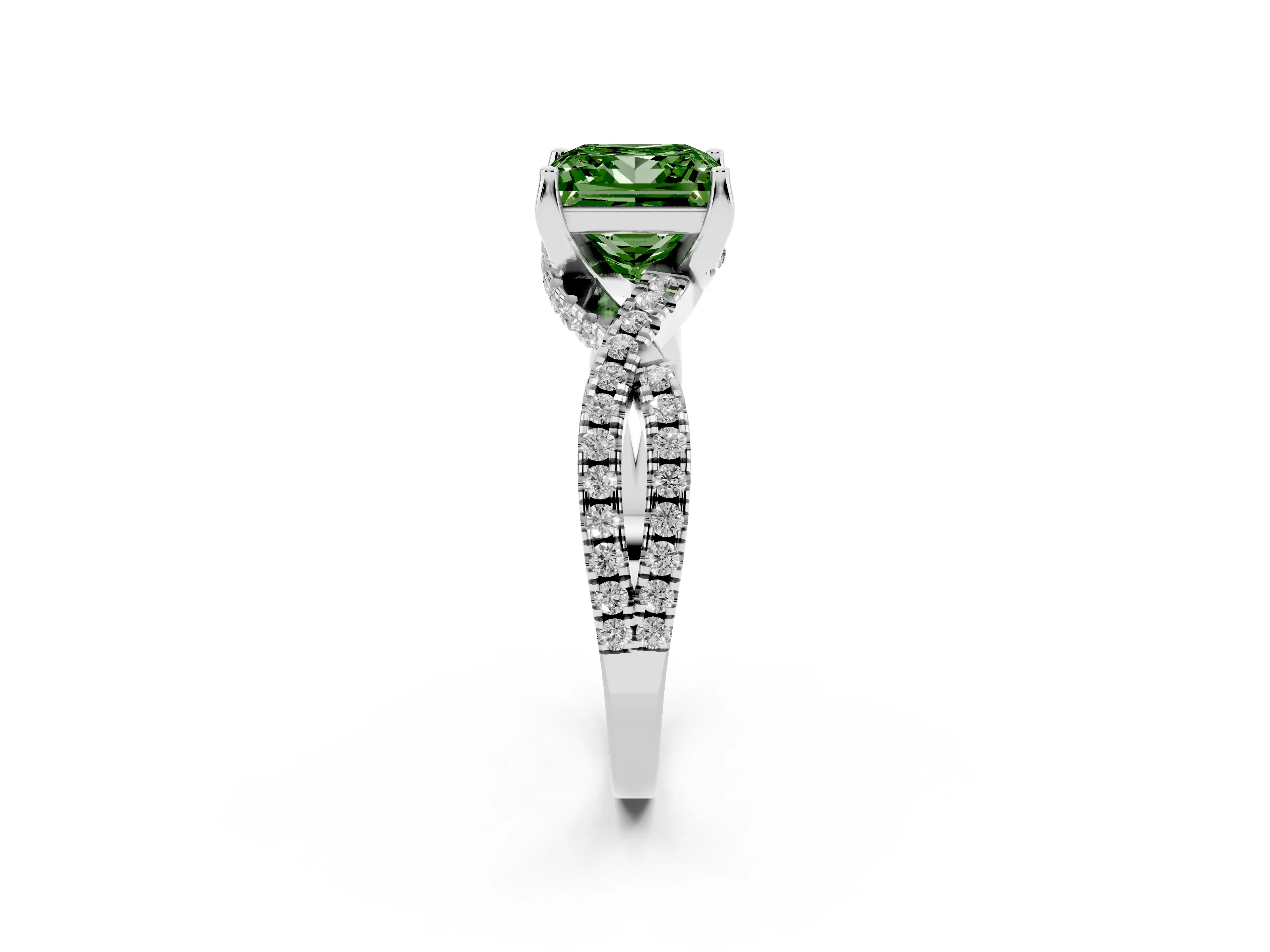 Fancy Green Princess Cut Diamond Twist Pavé Solitaire Engagement Ring Set in Silver with Prong Setting