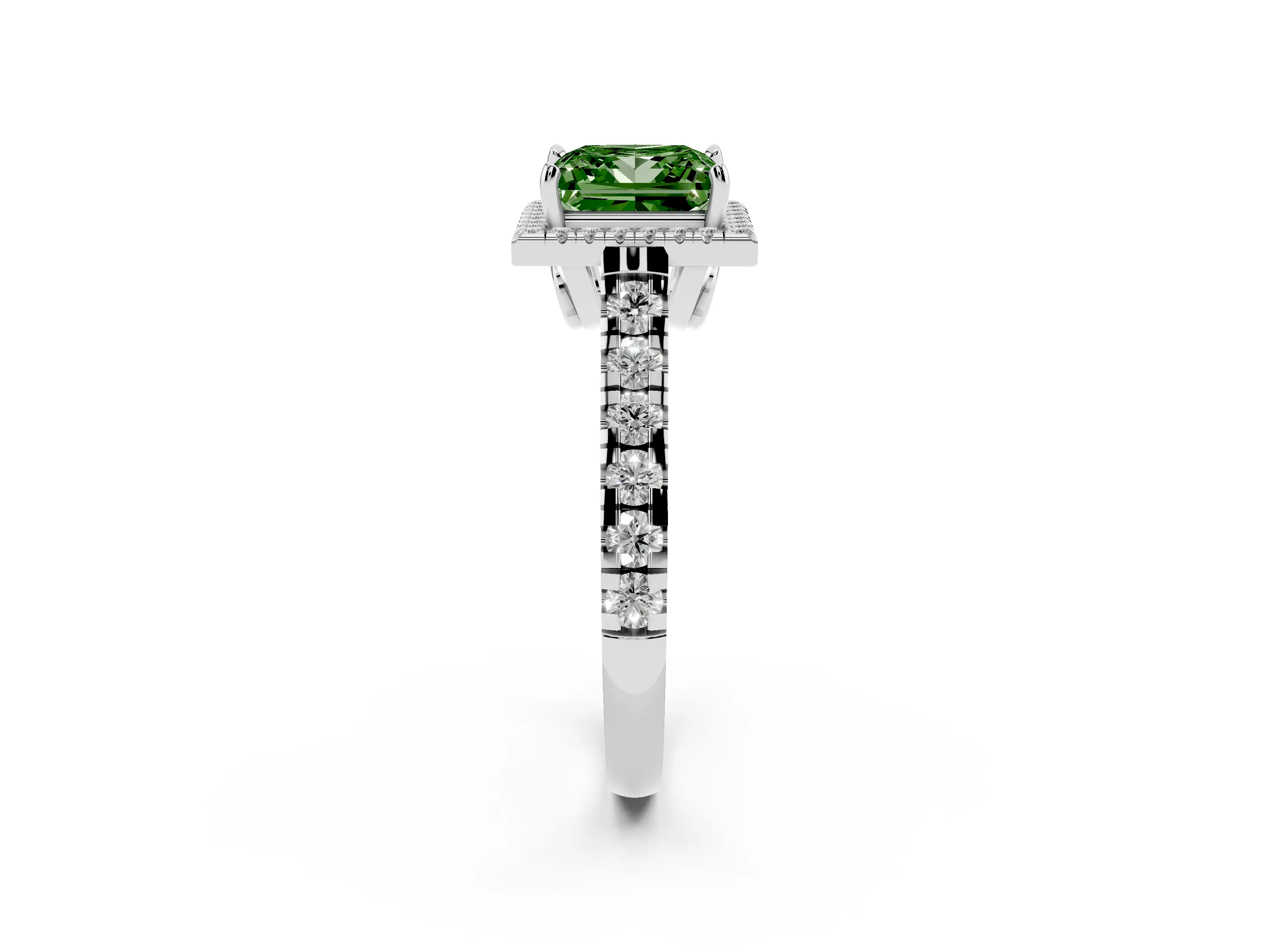 Fancy Green Princess Cut Diamond Halo Engagement Ring Set in Platinum with Pavé Band and Prong-Set Center