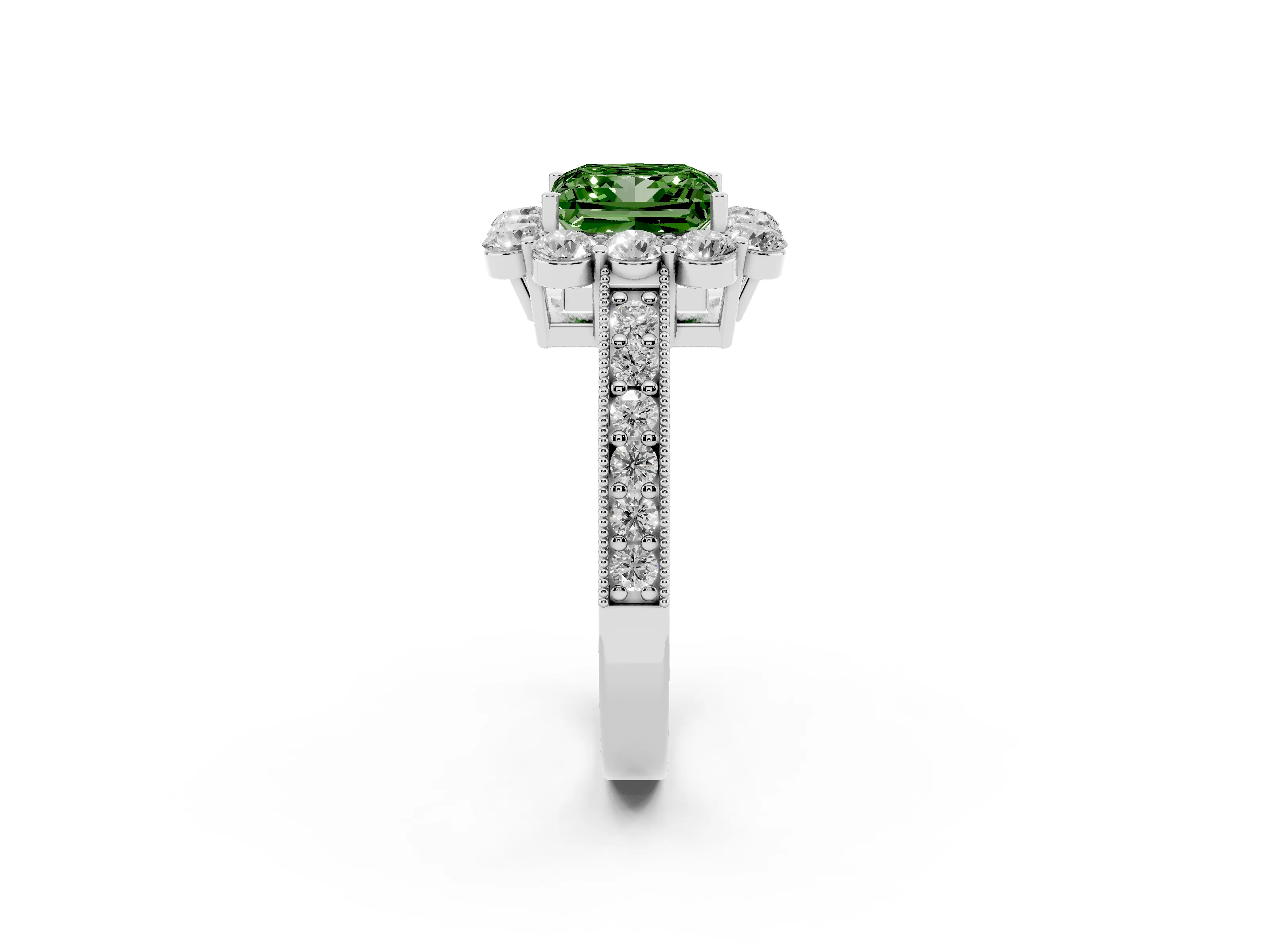 Fancy Green Princess Cut Diamond Halo Pavé Engagement Ring Set in White gold with Milgrain Detailing