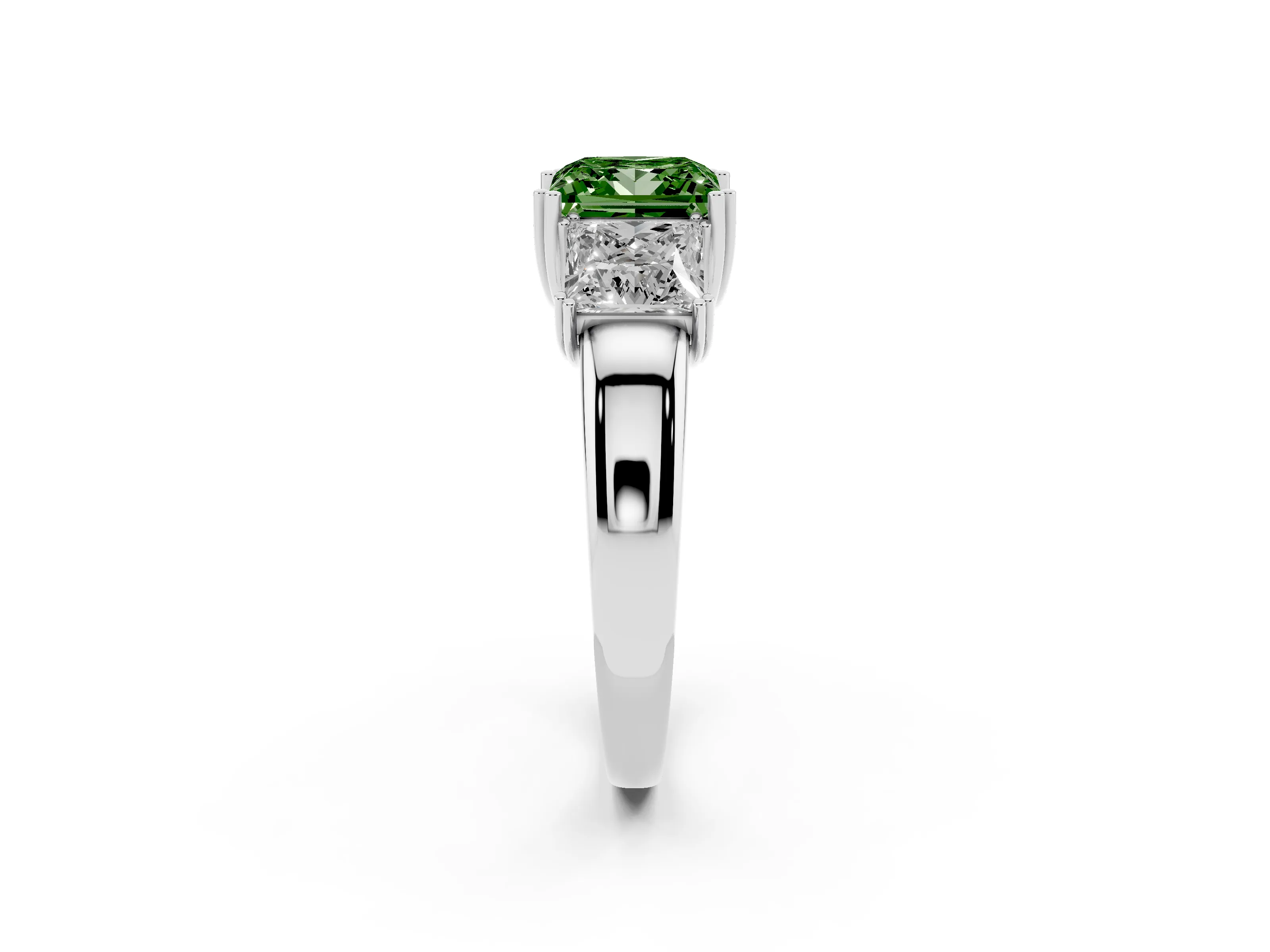 Fancy Green Princess Cut Diamond Three-Stone Ring Set in Platinum with Polished Channel-Set Band
