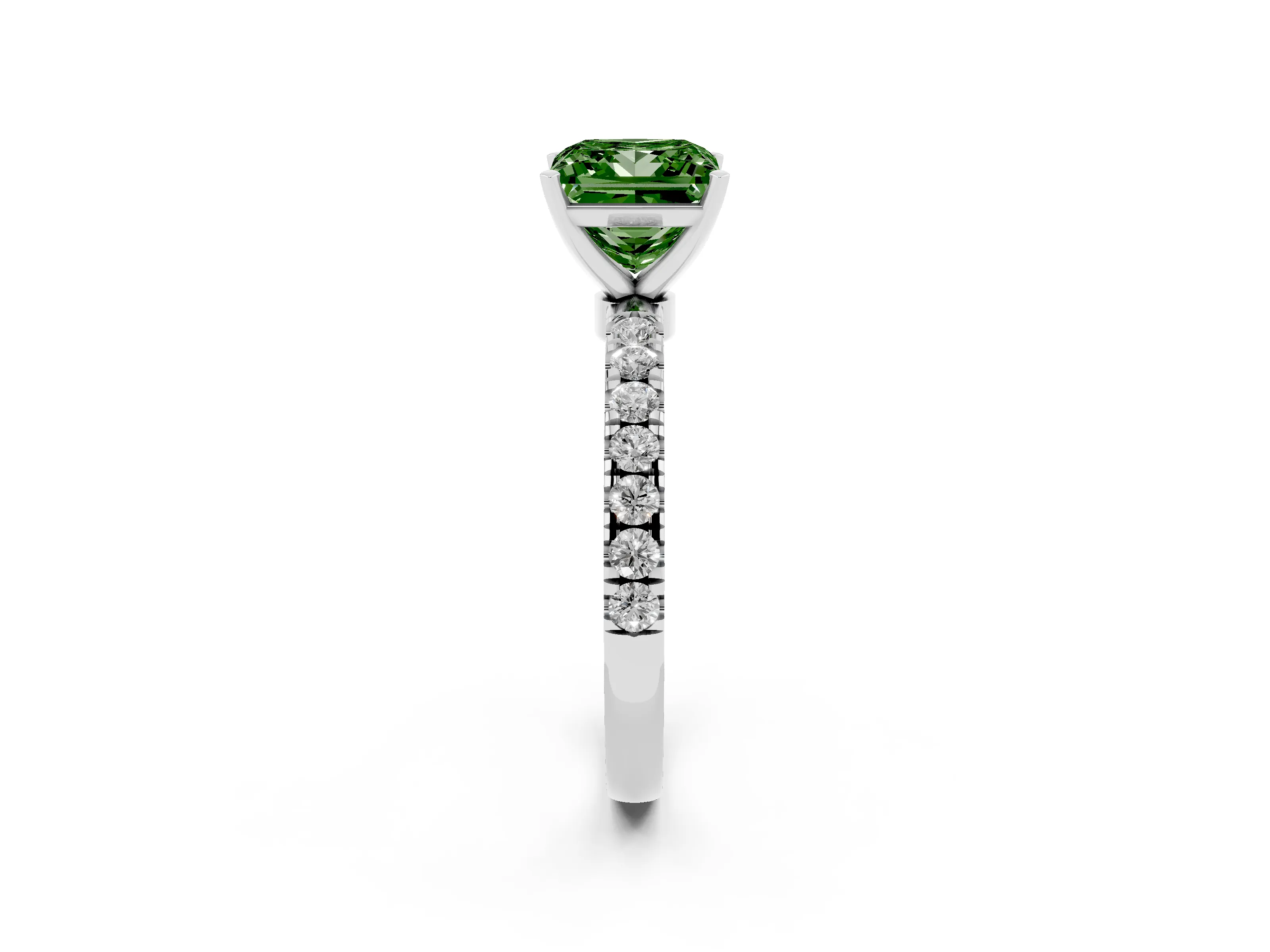Fancy Green Princess Cut Diamond Solitaire Ring Set in Silver with Pavé Accents and Prong Setting