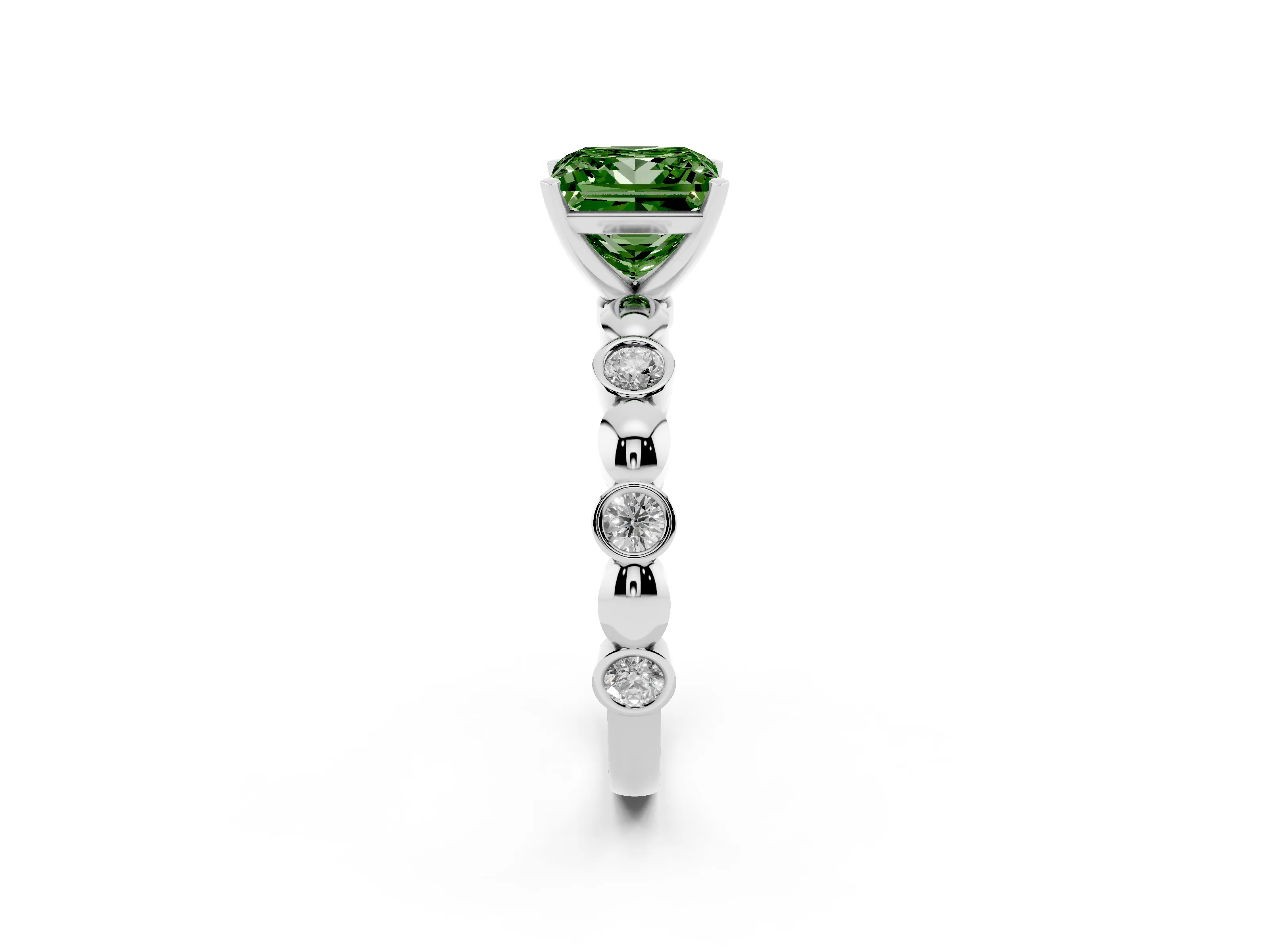 Fancy Green Princess Cut Diamond Solitaire Ring Set in Silver with Bezel-Set Accents on Beaded Band and Prong Setting