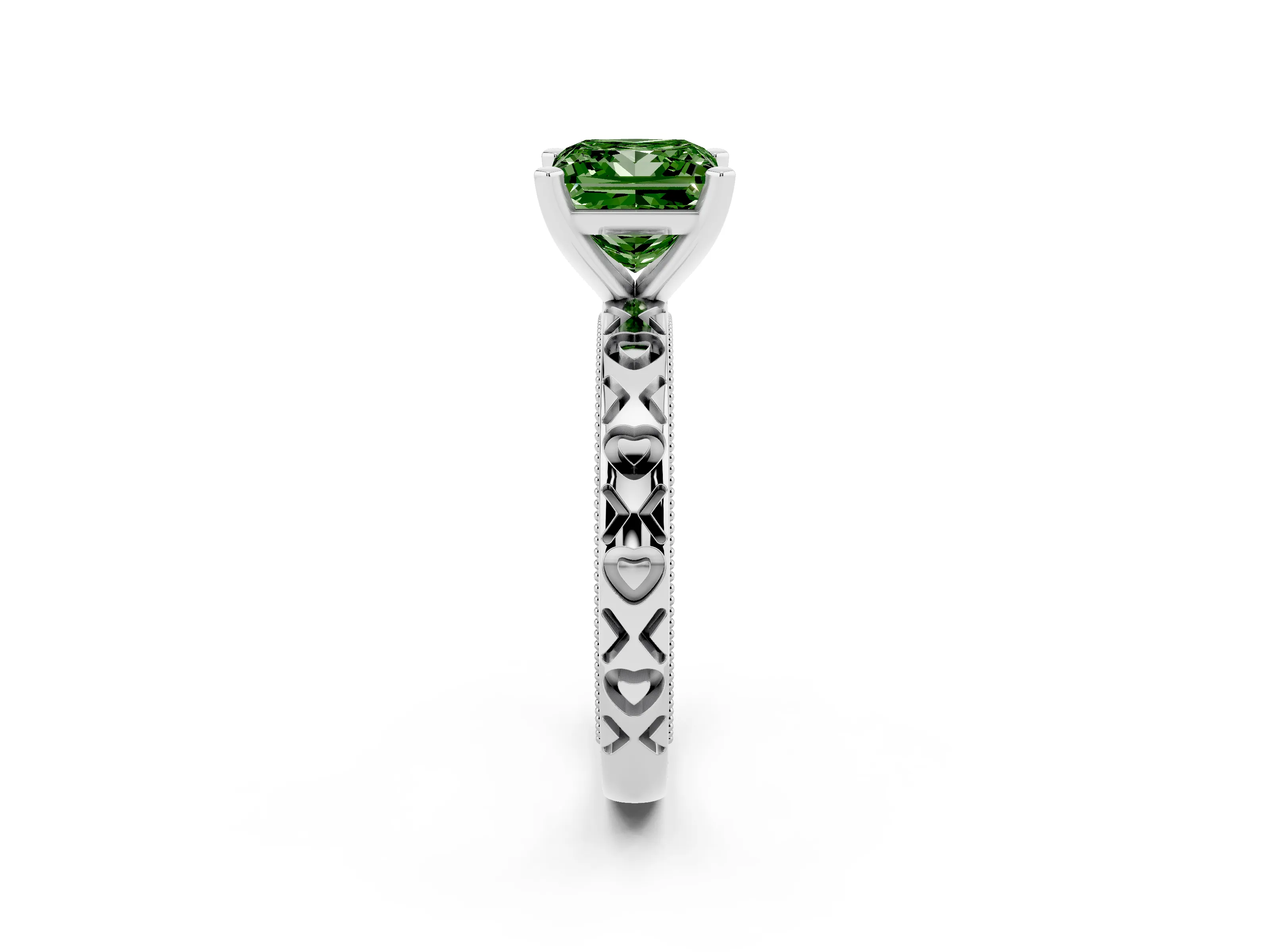 Fancy Green Princess Cut Diamond Solitaire Engagement Ring Set in White gold with XO Engraved Band and Prong Setting