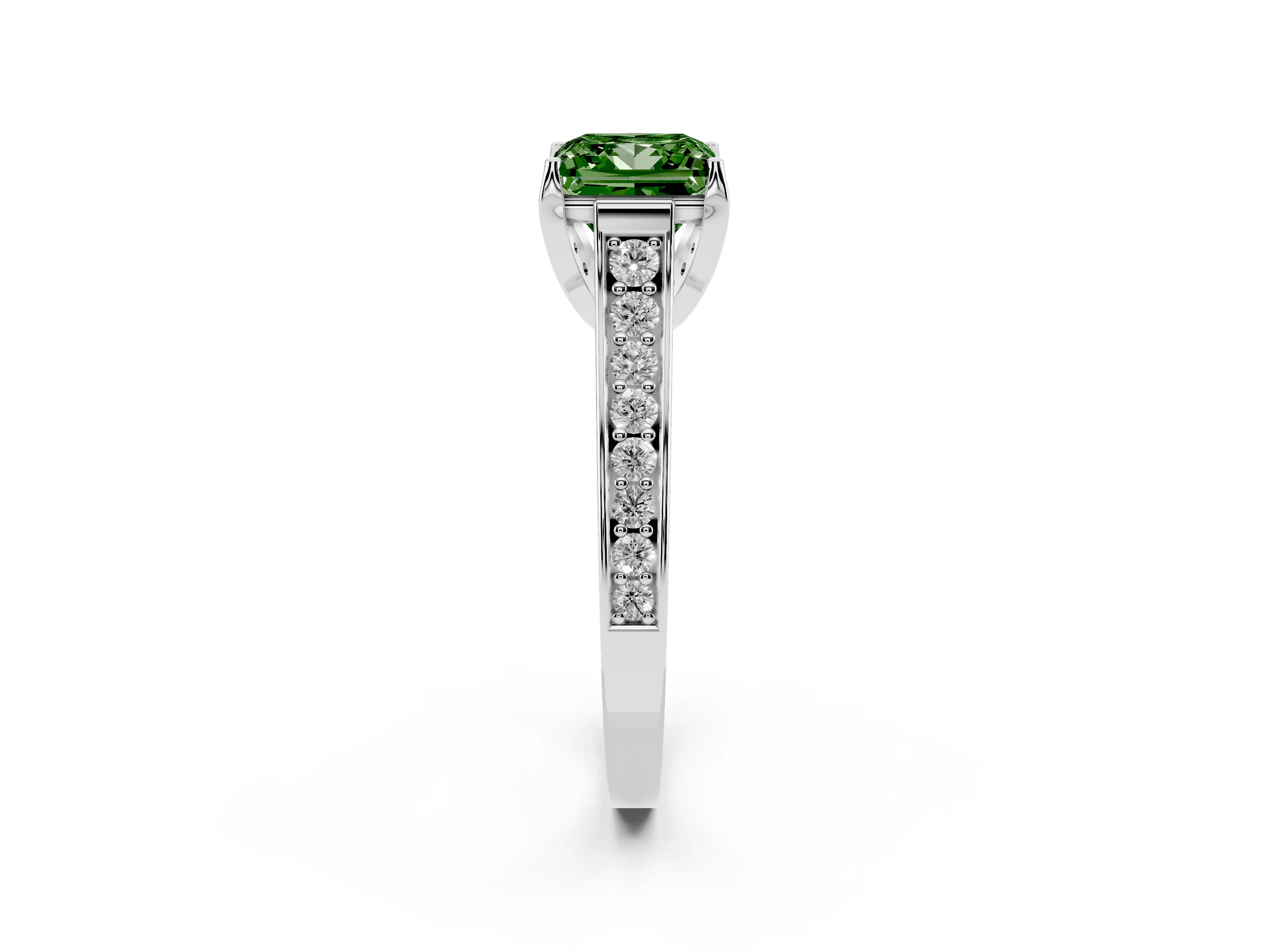 Fancy Green Princess Cut Diamond Solitaire Pavé Engagement Ring Set in Silver with Prong Setting