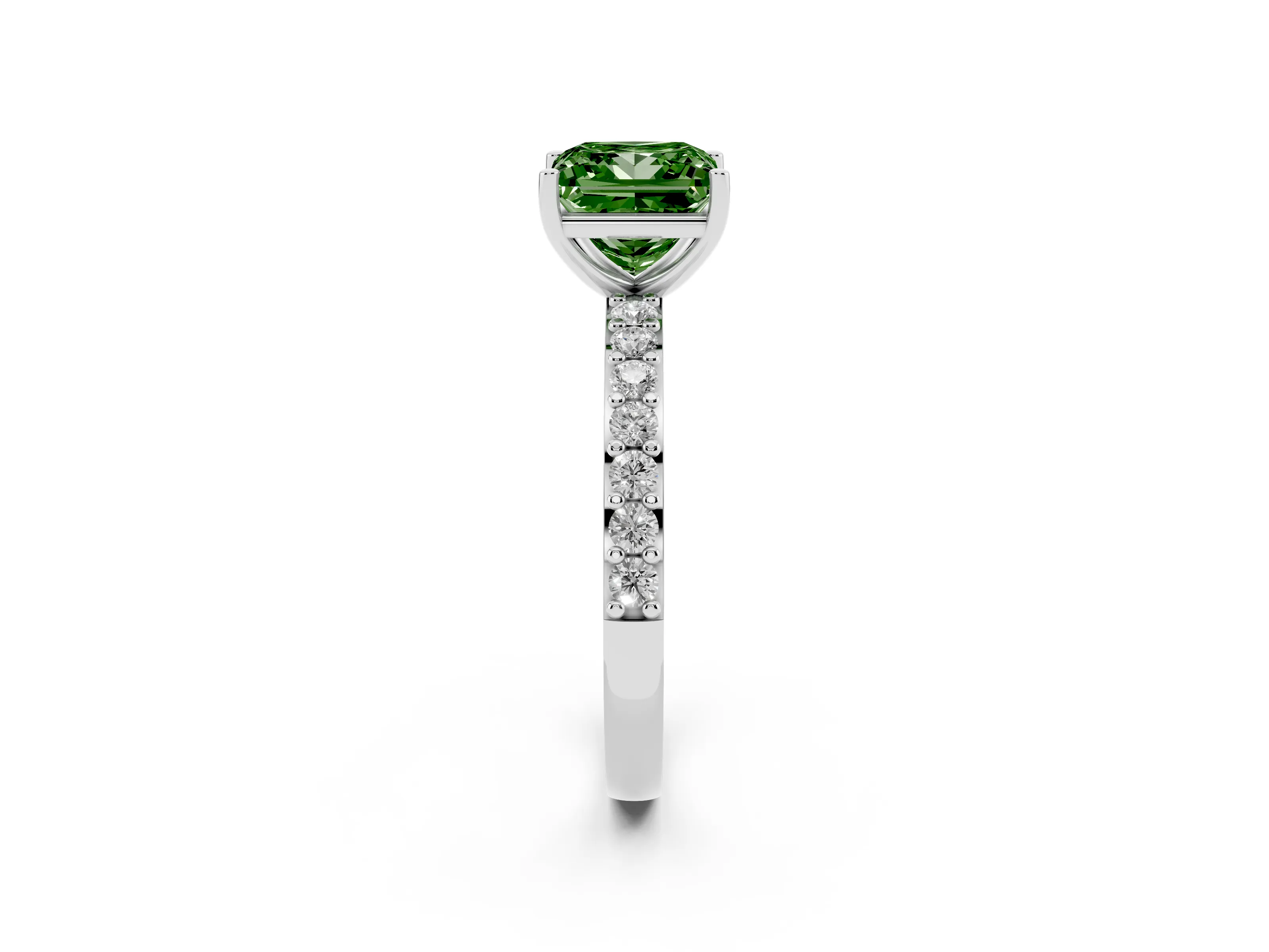 Fancy Green Princess Cut Diamond Solitaire Set in Platinum with Round Pavé Band and Prong Setting