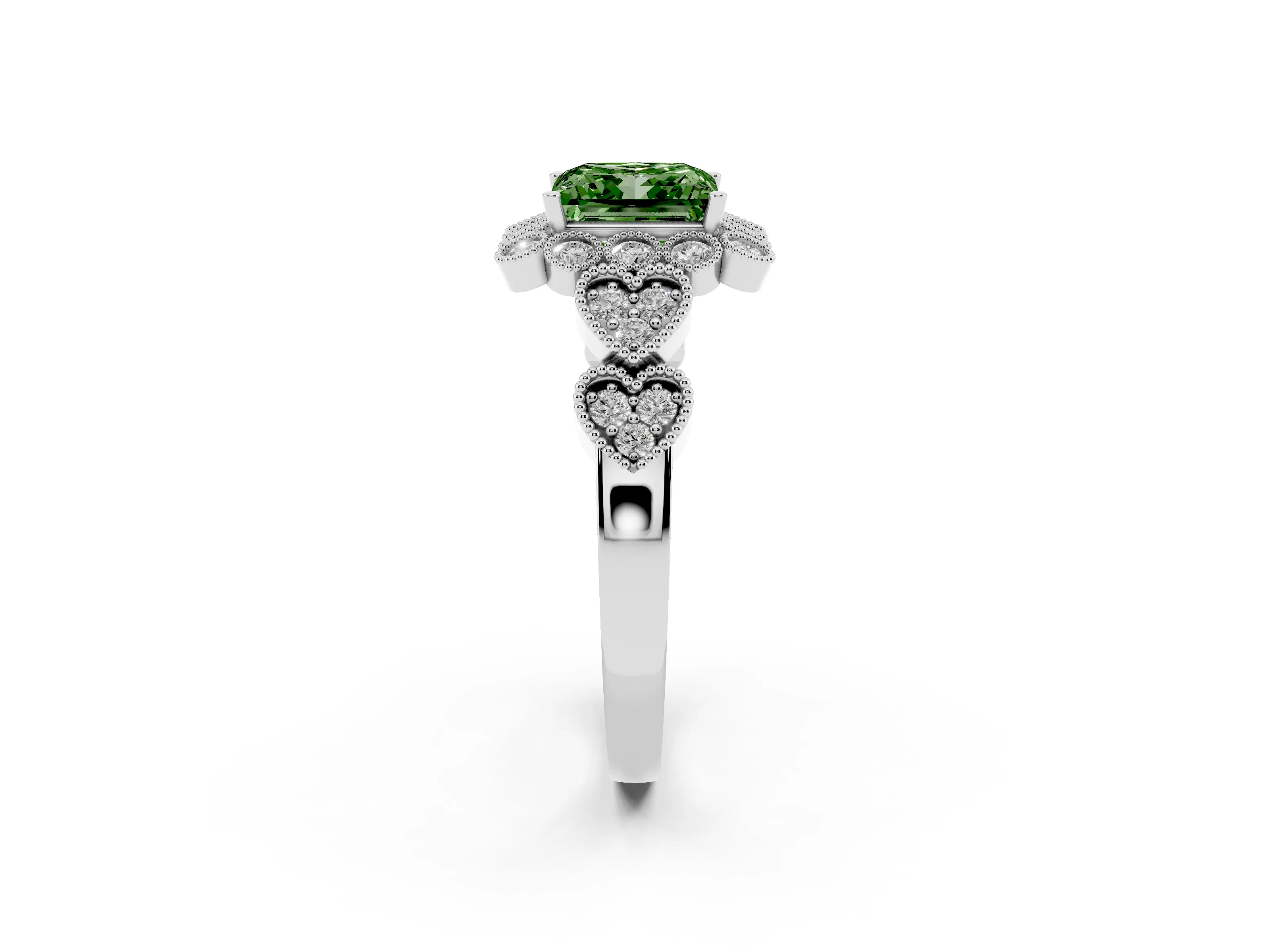 Fancy Green Princess Cut Diamond Solitaire Ring Set in Platinum with Milgrain Pavé Heart Band