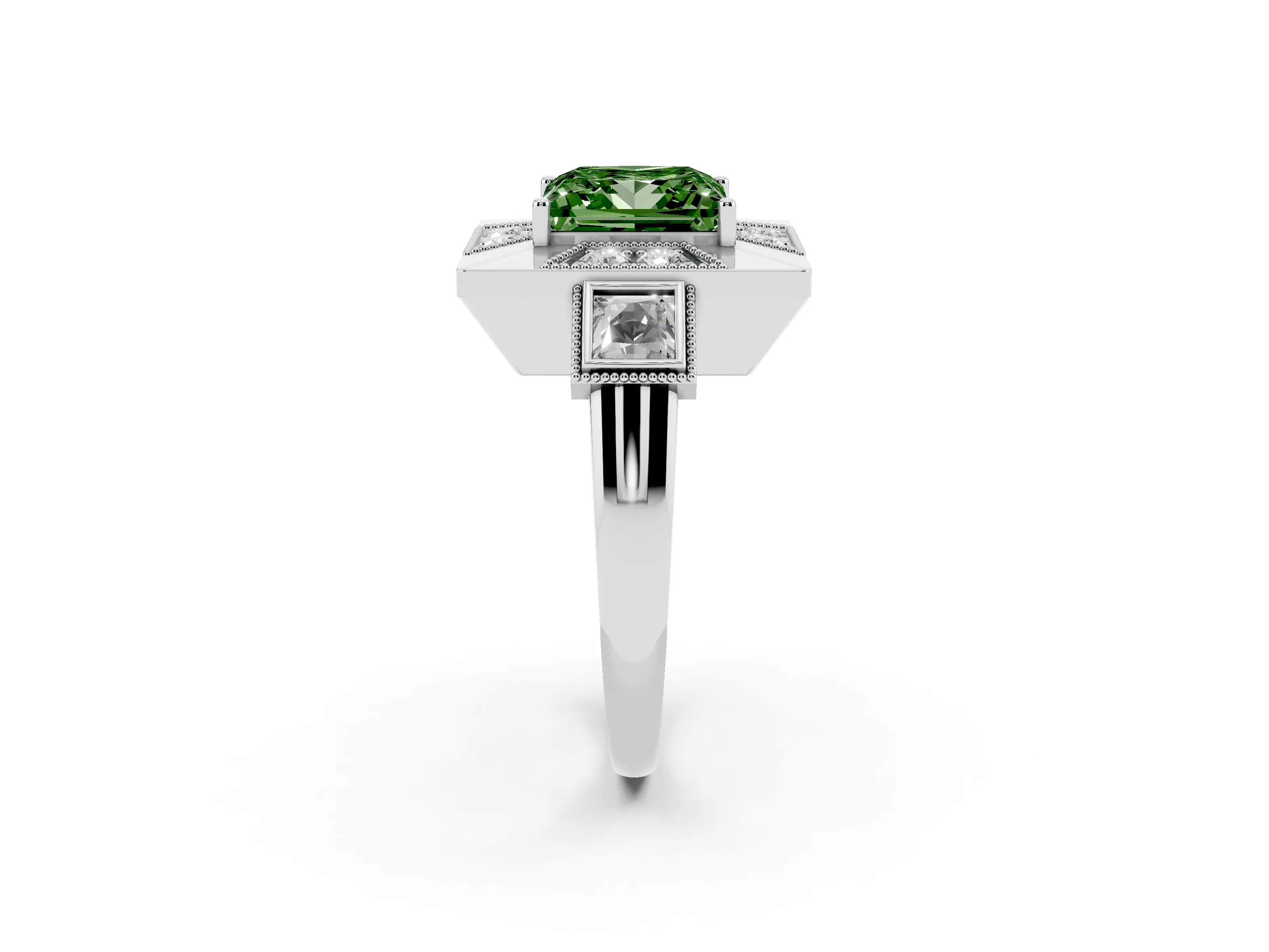 Fancy Green Princess Cut Diamond Milgrain Halo Ring Set in Platinum with Split Shank