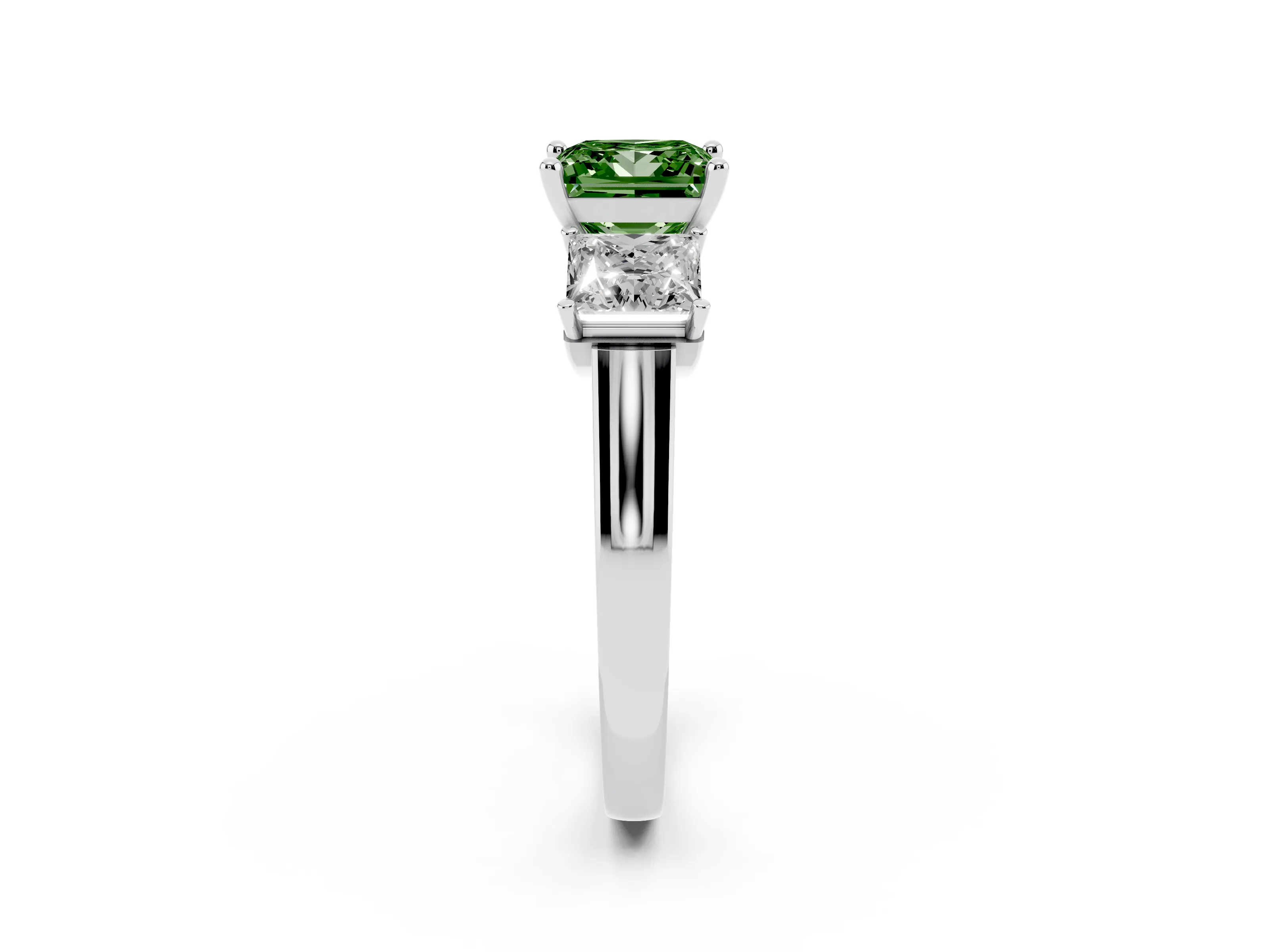 Fancy Green Princess Cut Diamond Three-Stone Trellis Ring Set in Silver with Comfort Fit Band