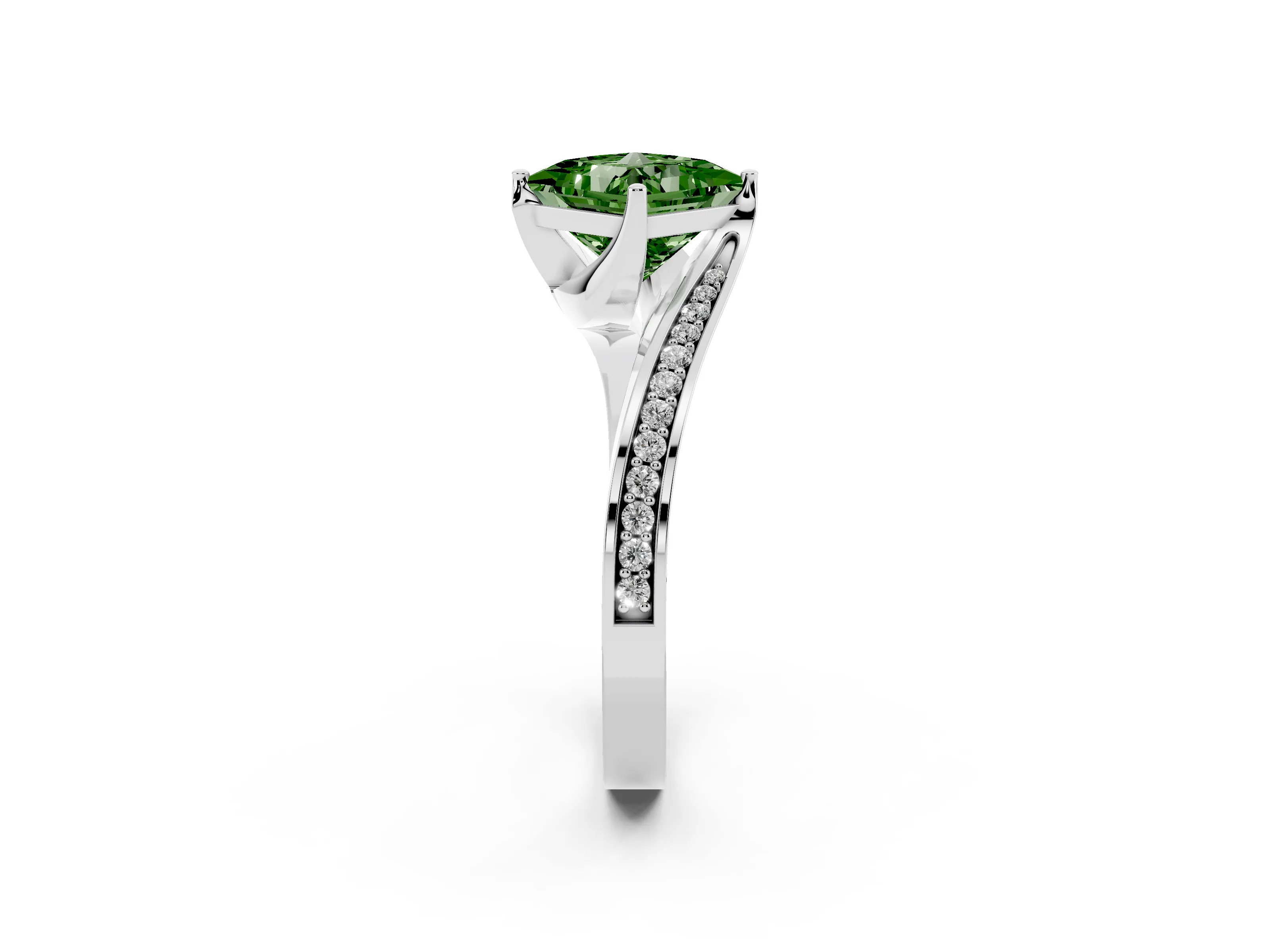 Fancy Green Princess Cut Diamond Solitaire Ring Set in Platinum with Intertwined Pavé Twist Band