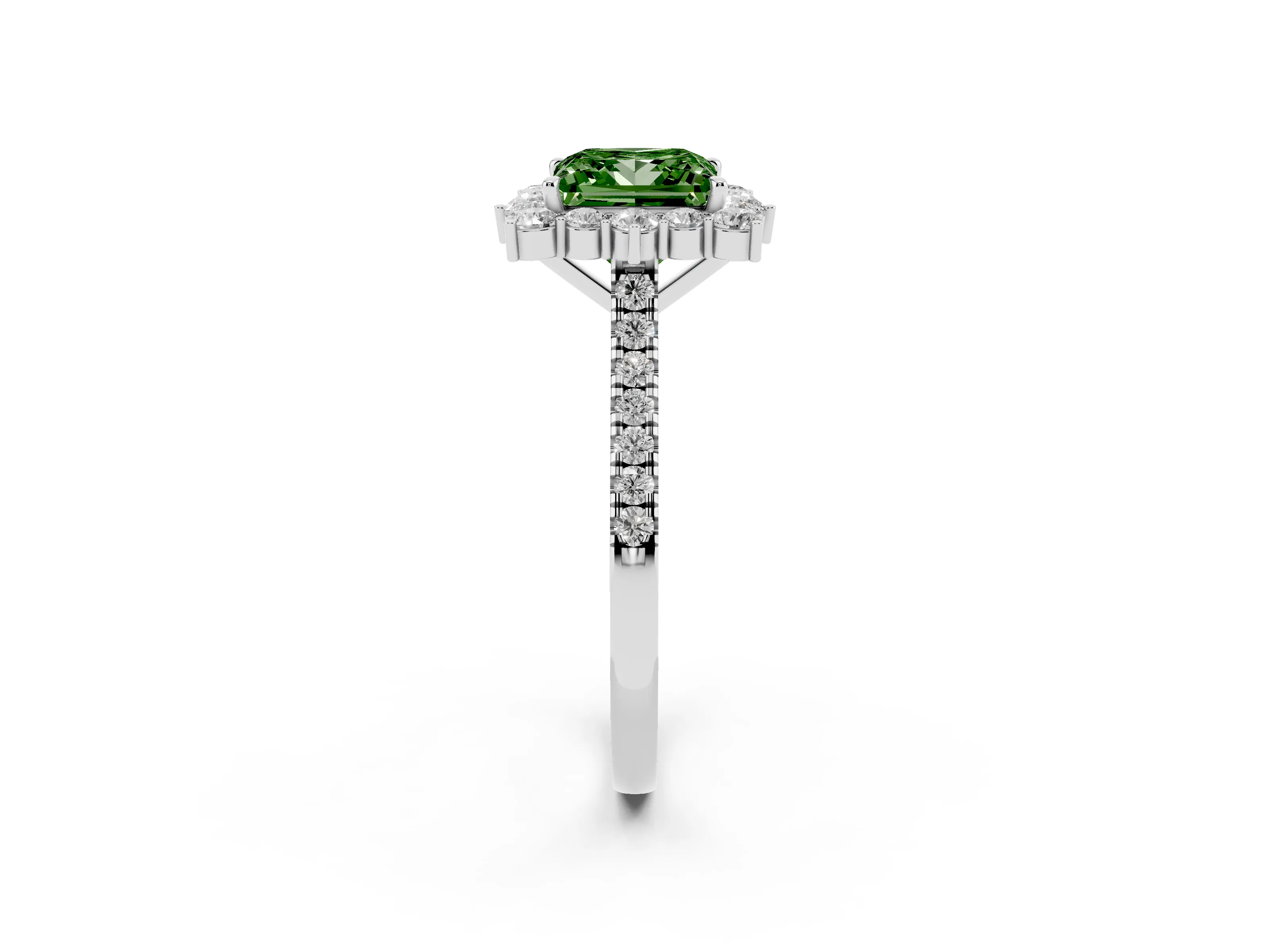 Fancy Green Princess Cut Diamond Halo Ring Set in White gold with Pavé Band and Prong Setting