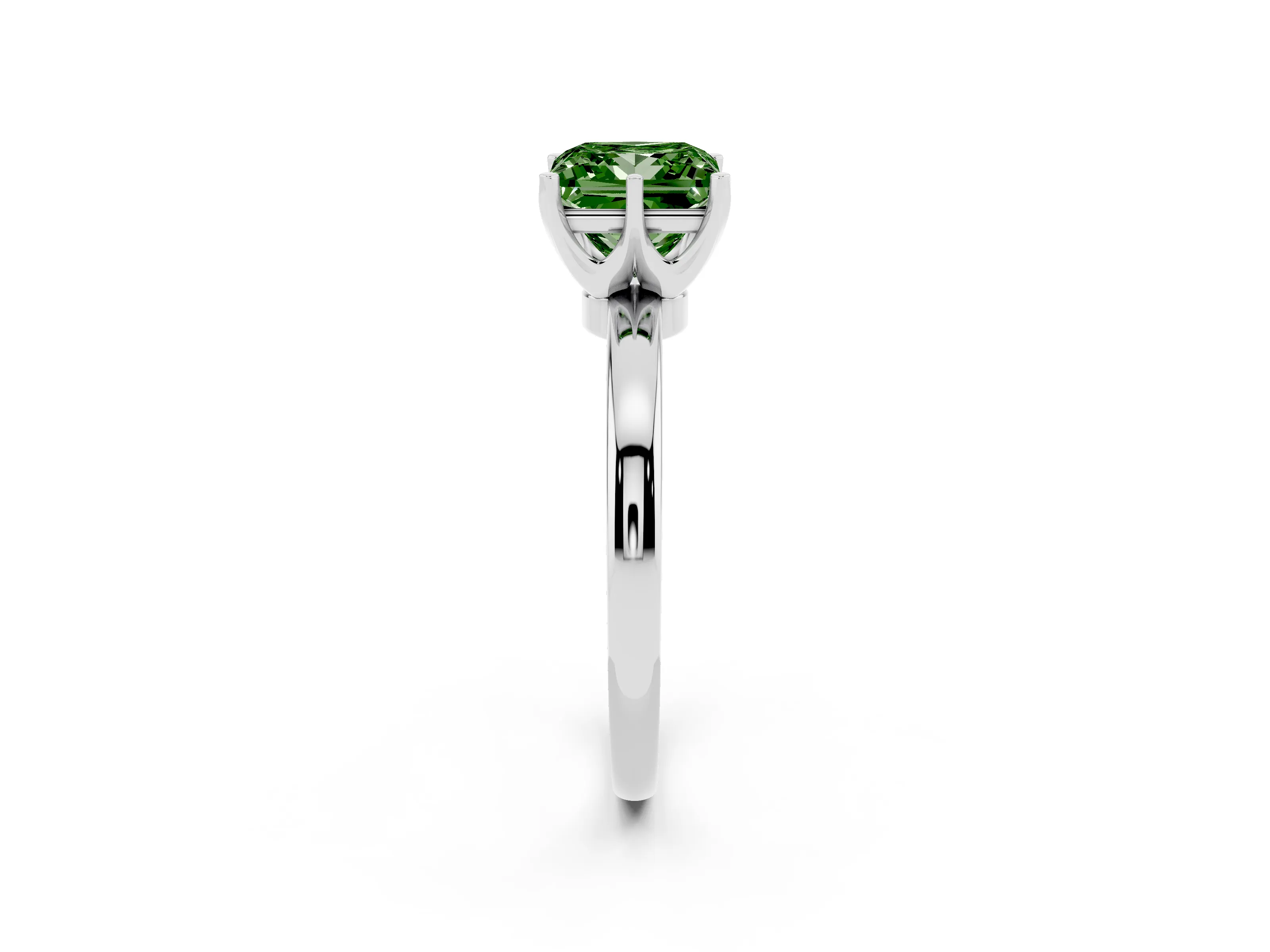 Fancy Green Princess Cut Diamond Solitaire Ring Set in White gold with Raised Prong Setting on a Classic Band