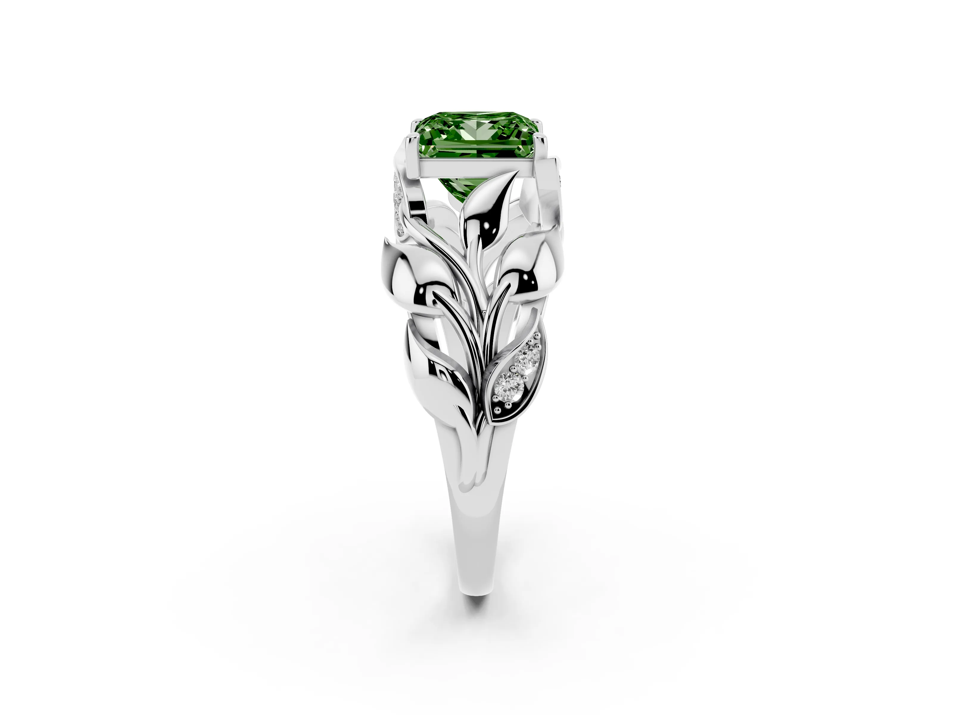 Fancy Green Princess Cut Diamond Leaf-Inspired Engagement Ring Set in Platinum with Round Accents