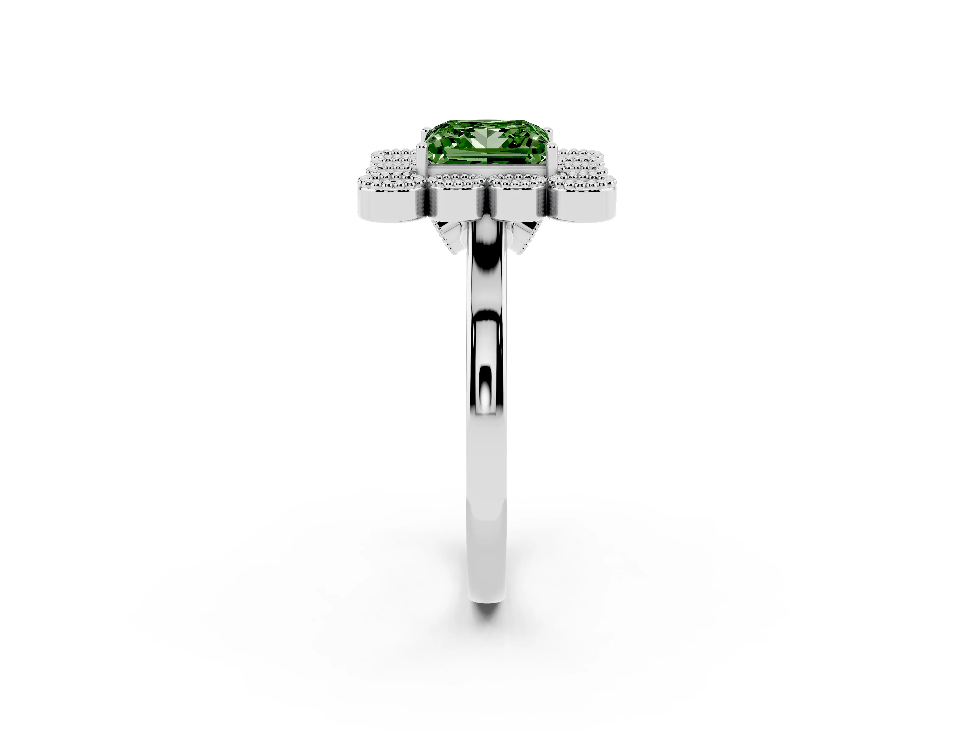 Fancy Green Princess Cut Diamond Cluster Halo Ring Set in White gold with Milgrain Bezel Accents and Plain Band