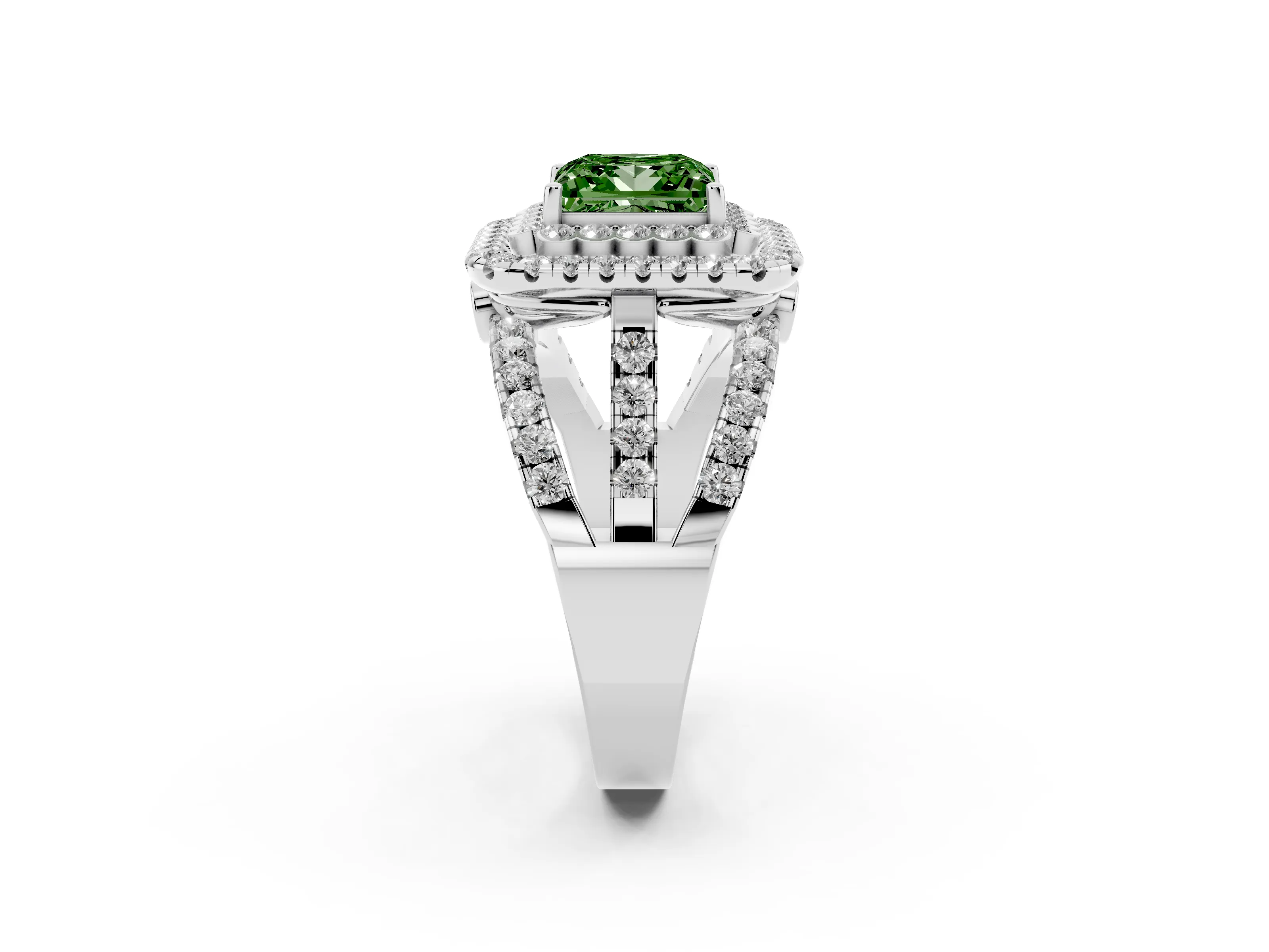 Fancy Green Princess Cut Diamond Double Halo Ring Set in White gold with Round Pavé Split Shank