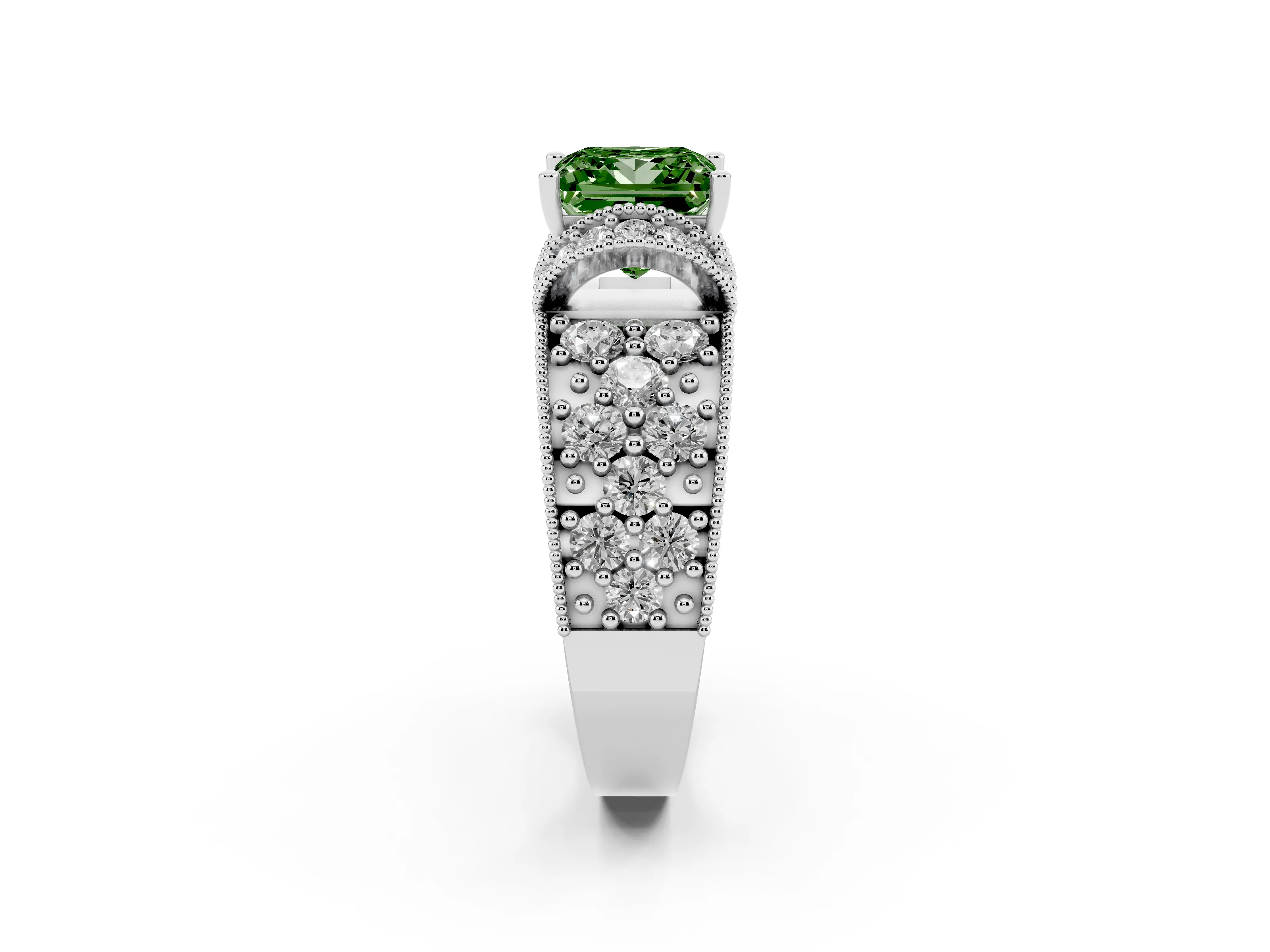 Fancy Green Princess Cut Diamond Milgrain Halo Pavé Engagement Ring Set in White gold with Prong Setting
