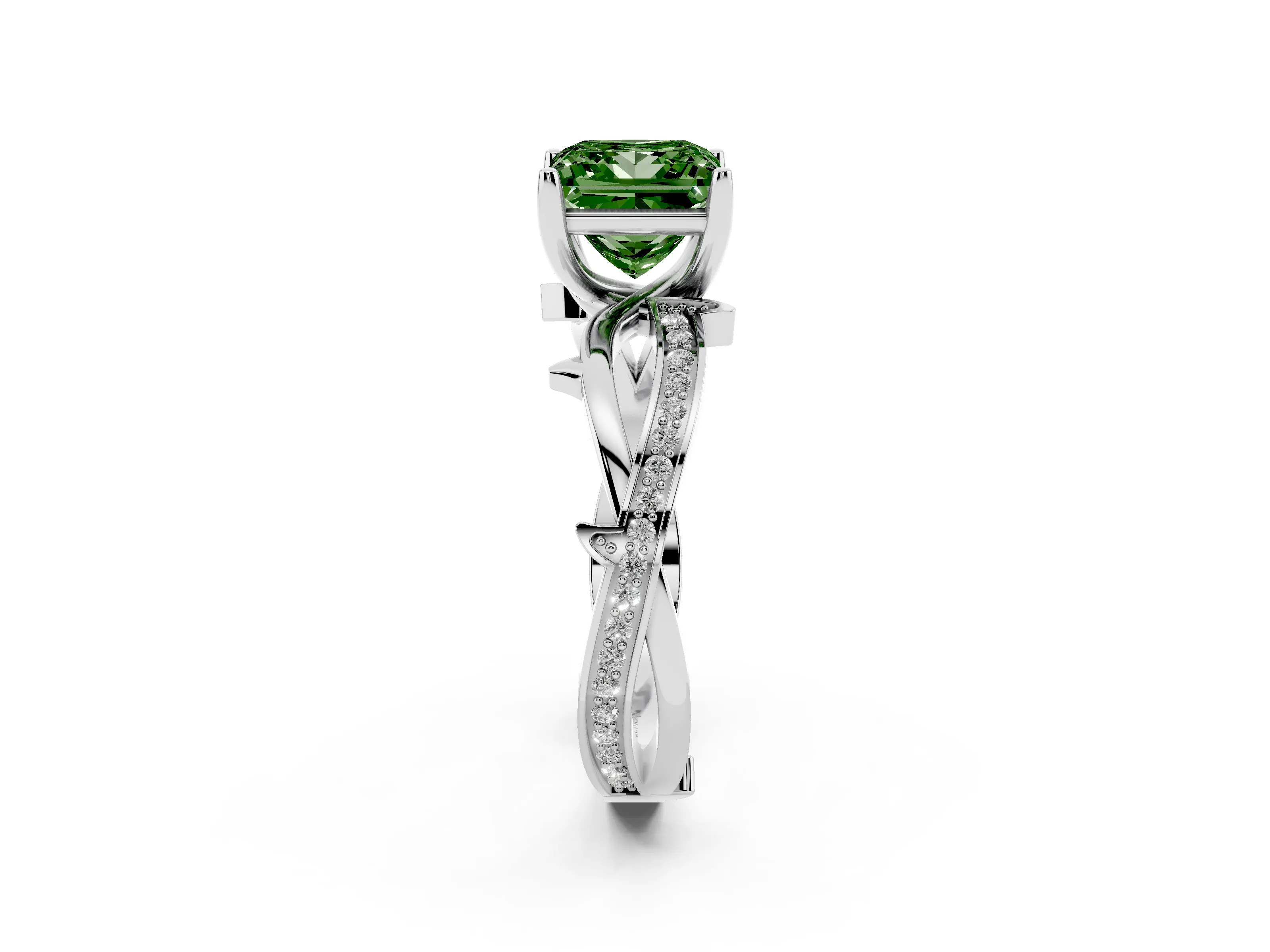 Fancy Green Princess Cut Diamond Pavé Twist Band Solitaire Ring Set in Silver with Prong Setting