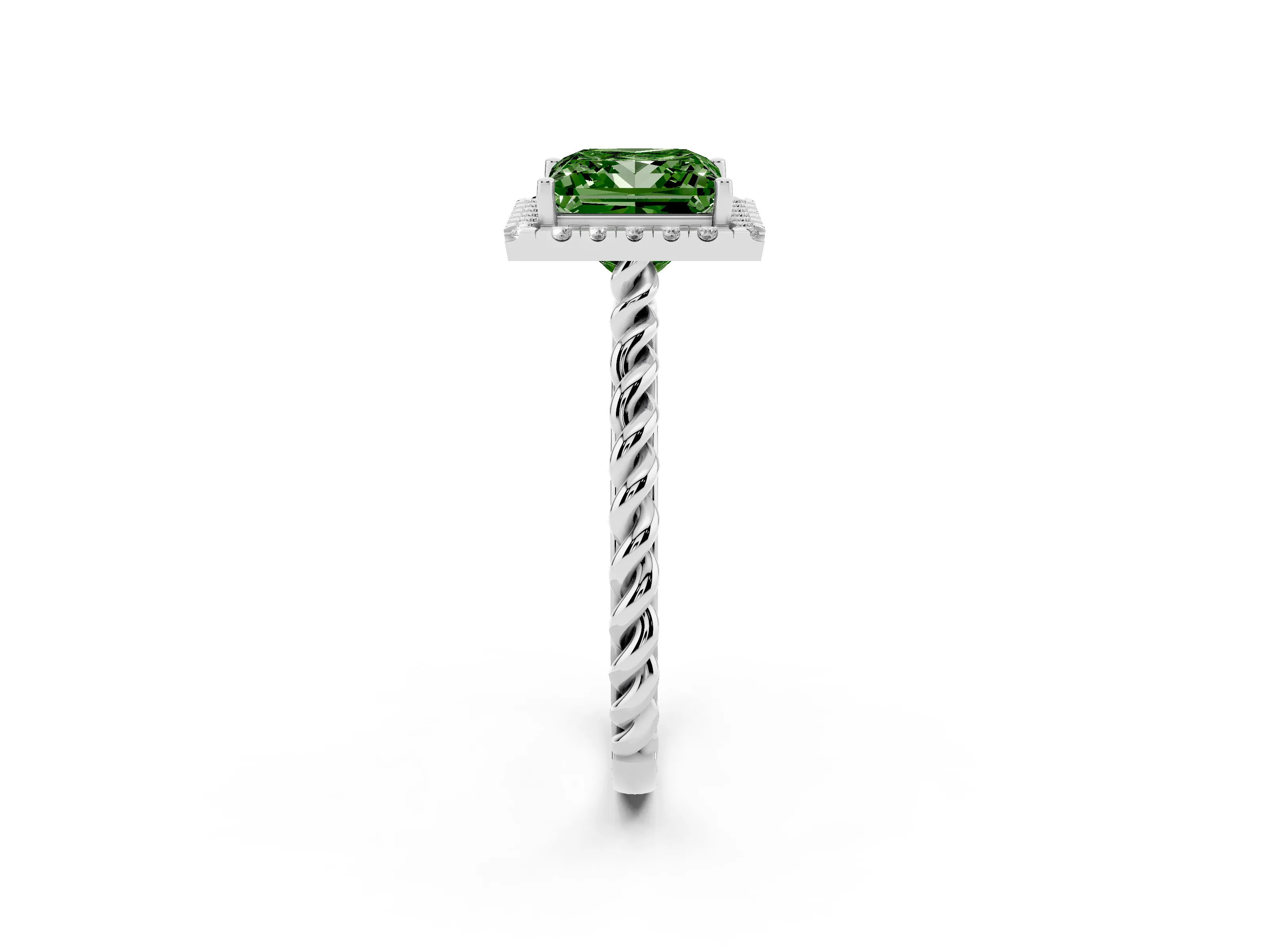 Fancy Green Princess Cut Diamond Halo Ring Set in Silver with Plain Twisted Band