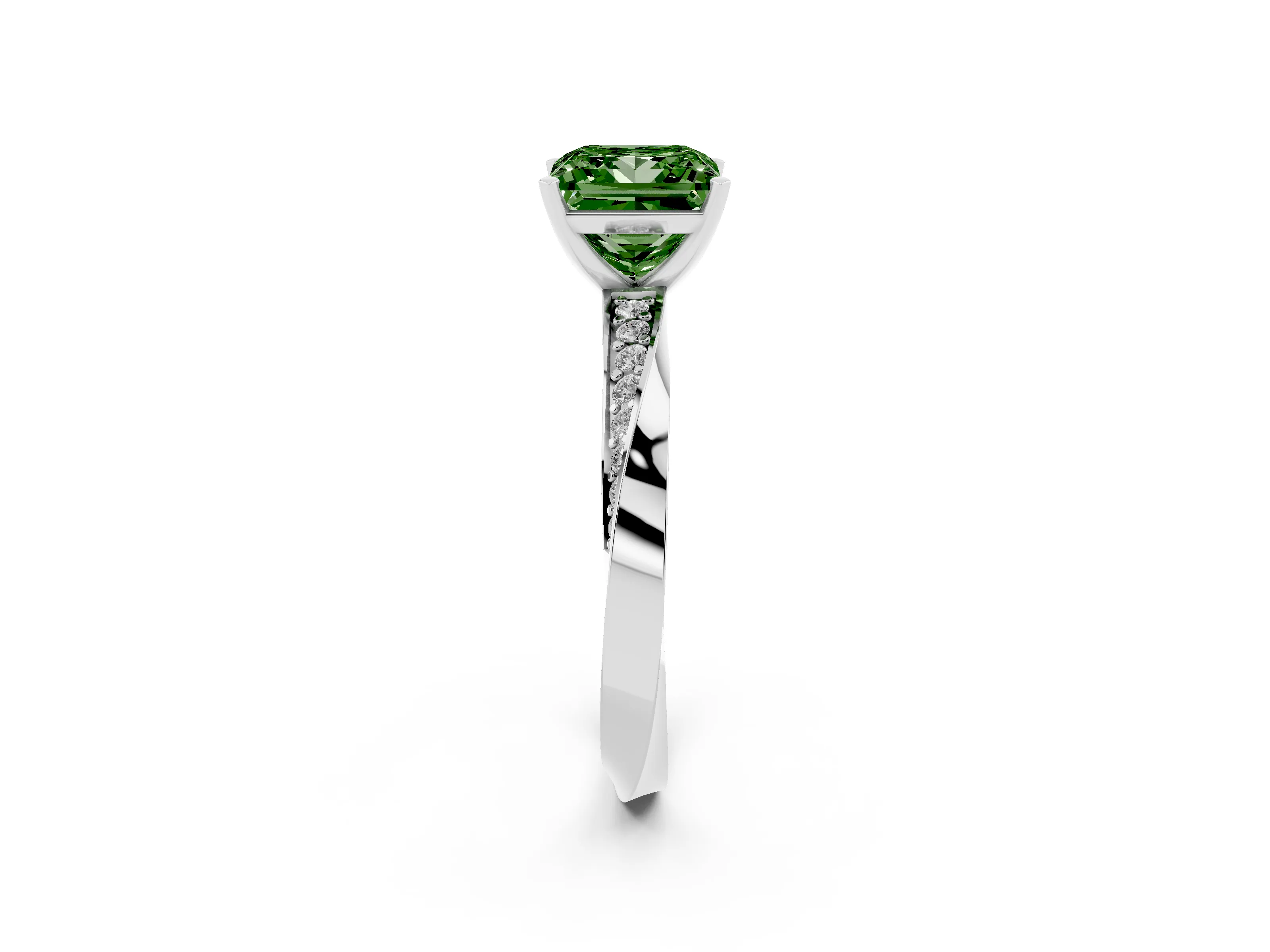 Fancy Green Princess Cut Diamond Engagement Ring Set in White gold with Side Stone Accents and Prong Setting