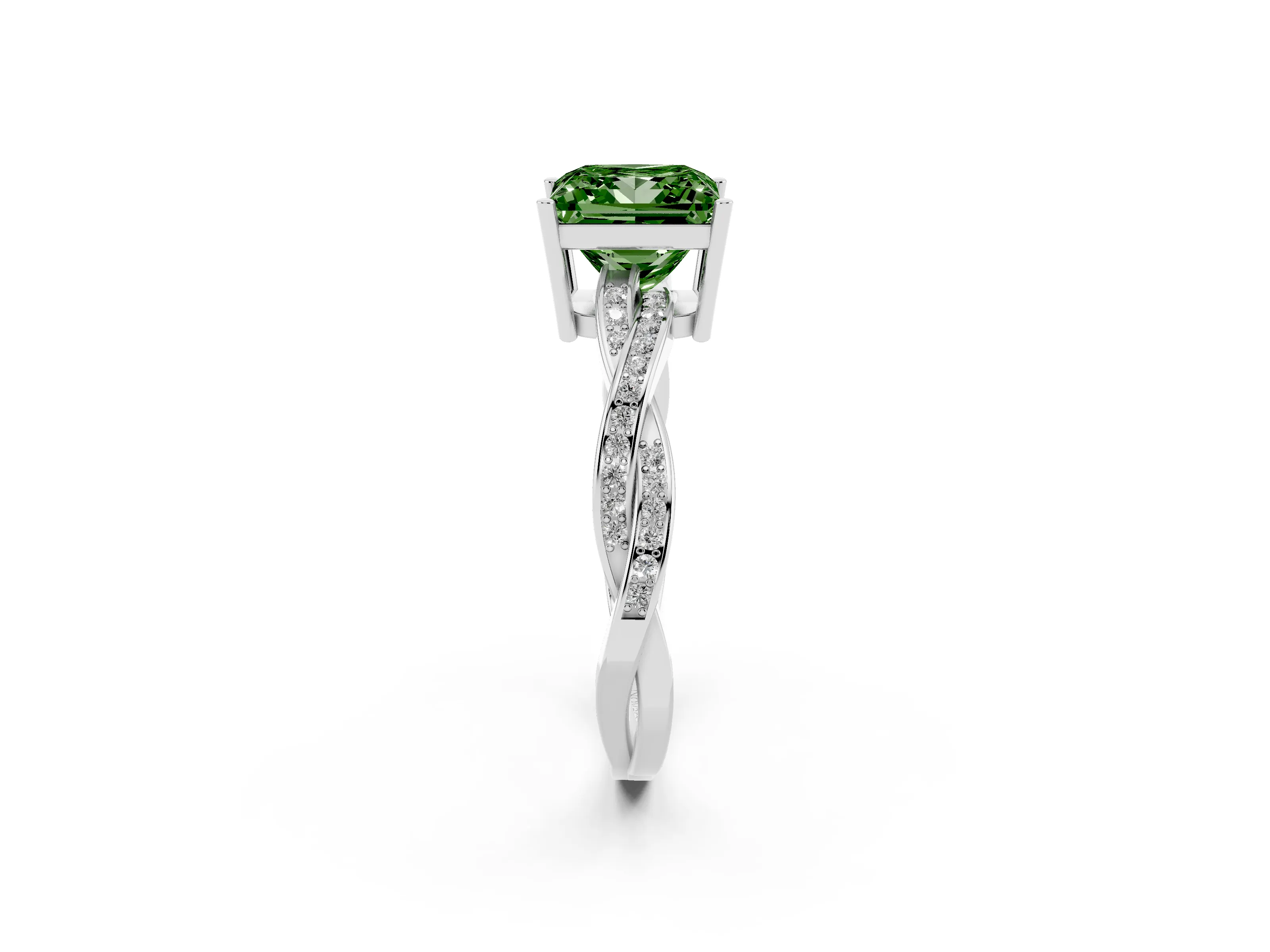 Fancy Green Princess Cut Diamond Solitaire Twisted Pavé Ring Set in Silver with Prong Setting