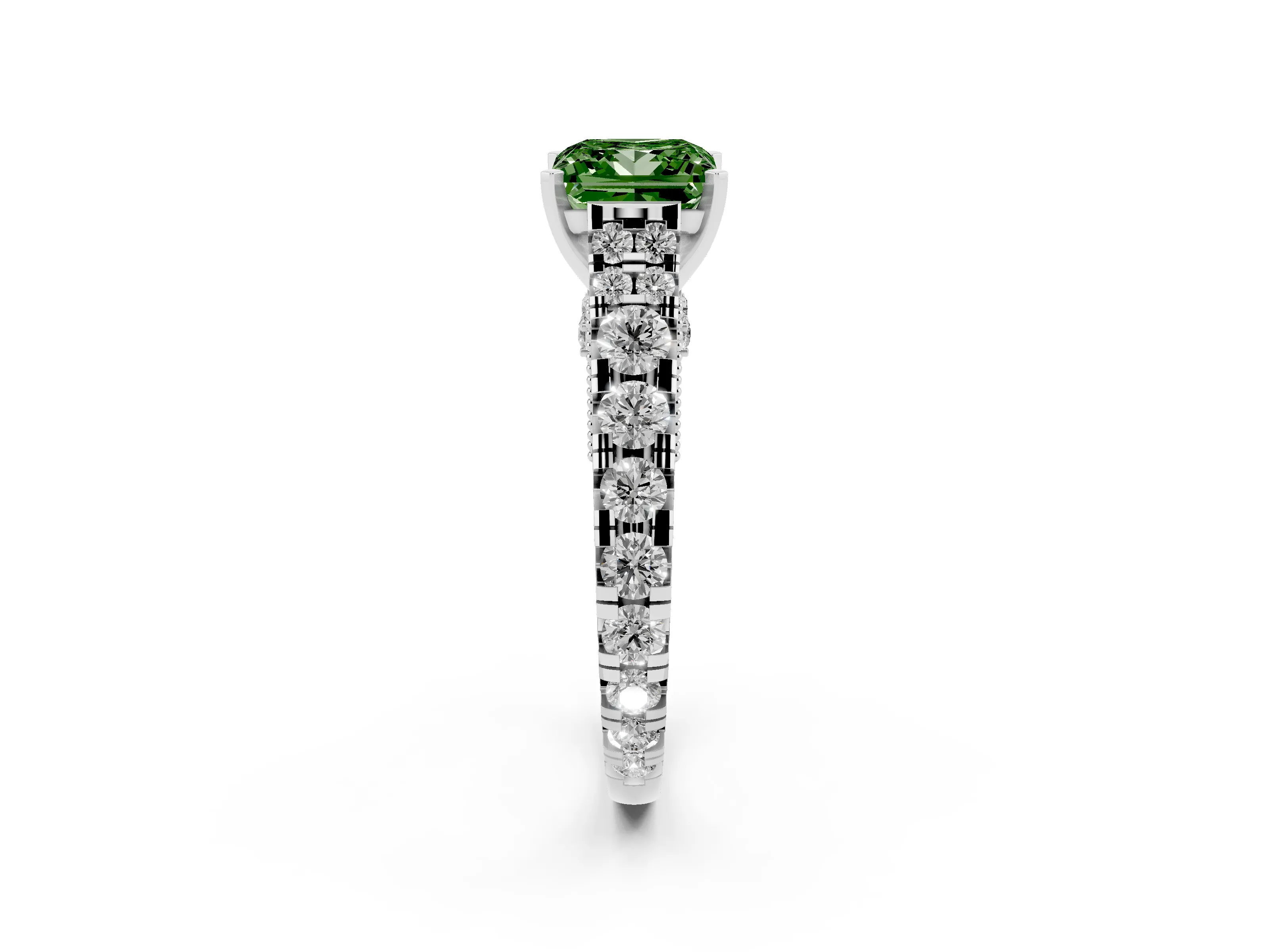 Fancy Green Princess Cut Diamond Classic Solitaire Ring Set in Silver with Pavé Band and Prong Setting