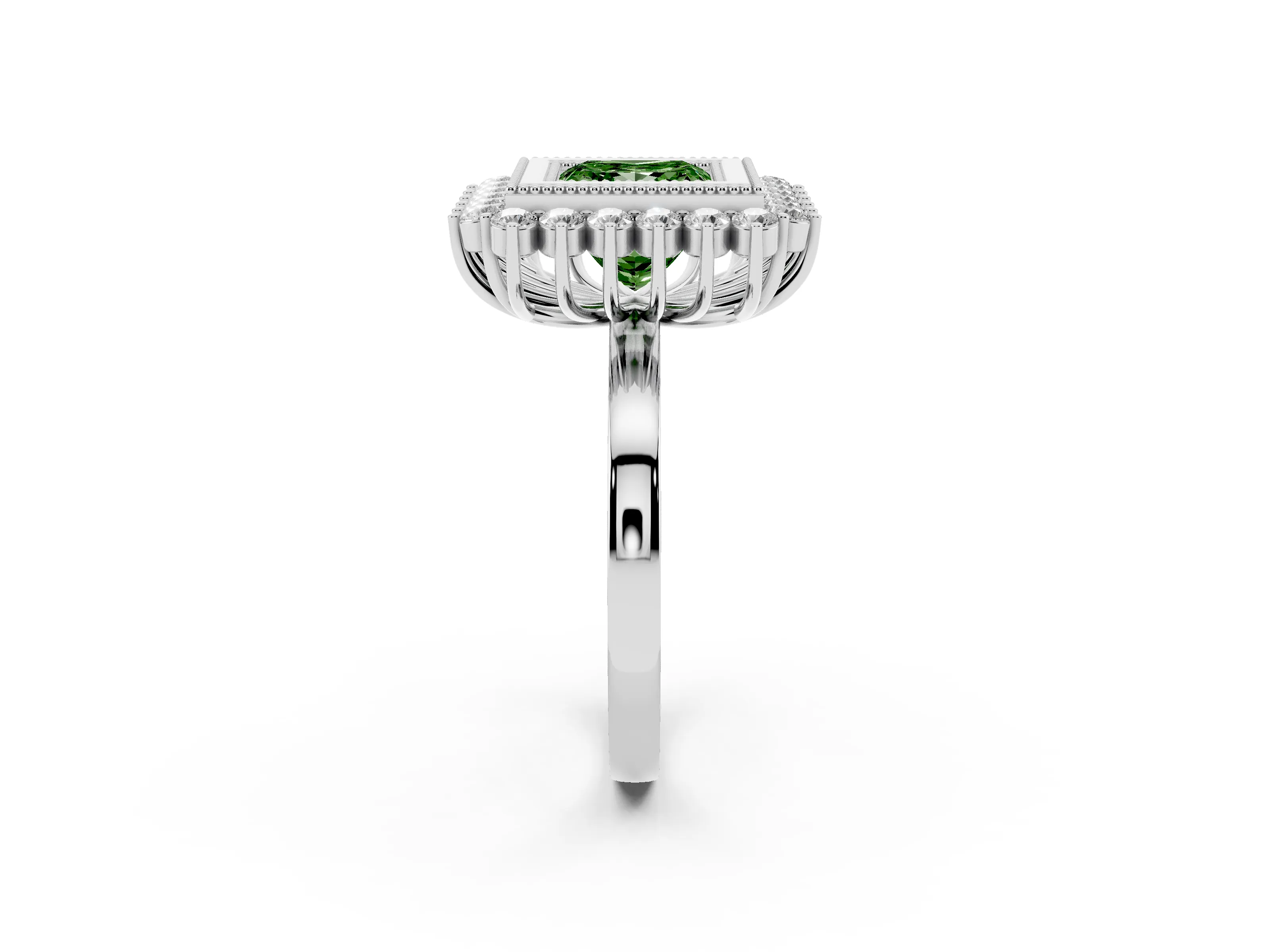 Fancy Green Princess Cut Diamond Halo Ring Set in Platinum with Milgrain Edge and Round Prong Setting