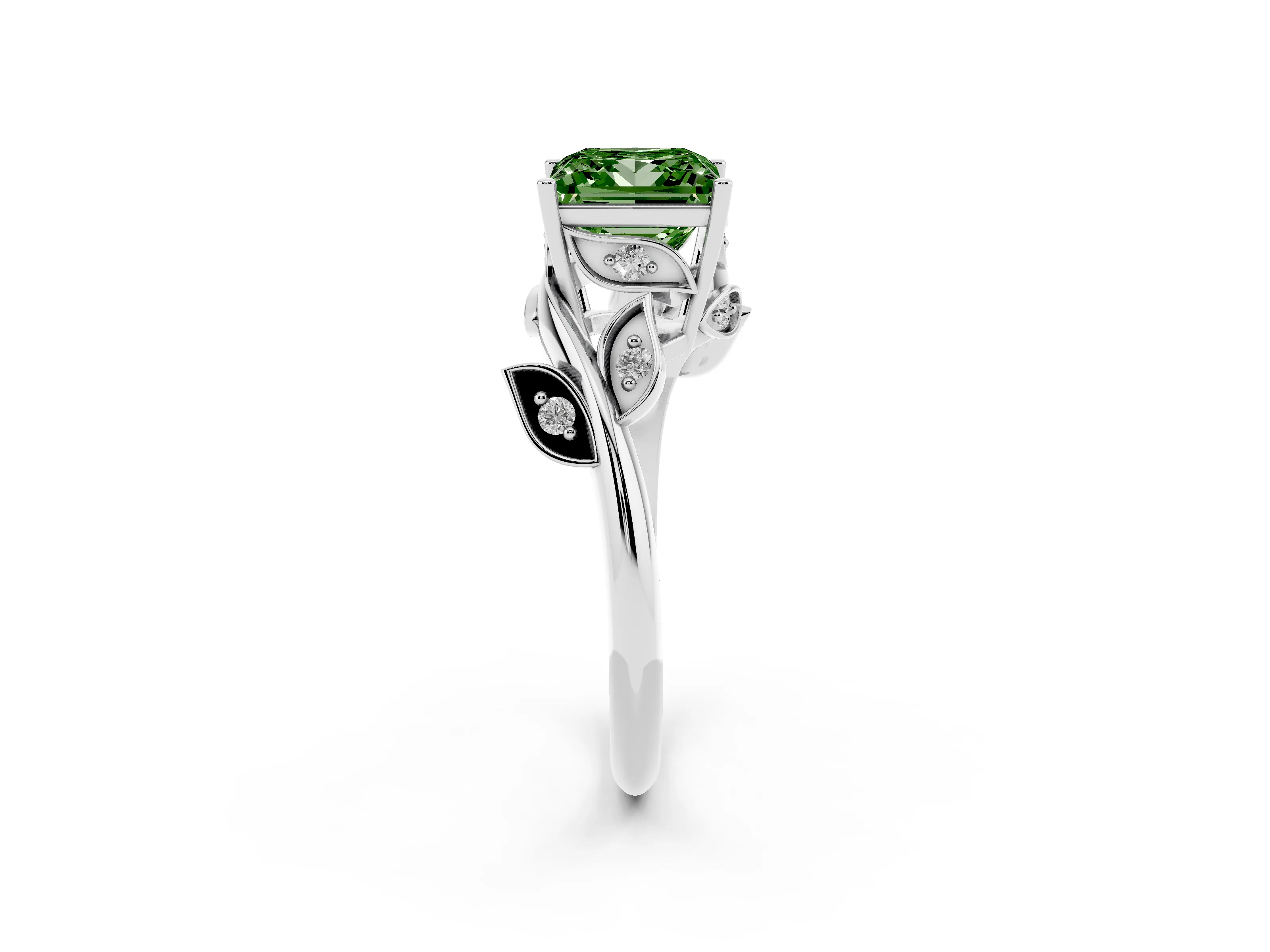 Fancy Green Princess Cut Diamond Solitaire Twist Engagement Ring Set in White gold with Pavé Leaf Accents