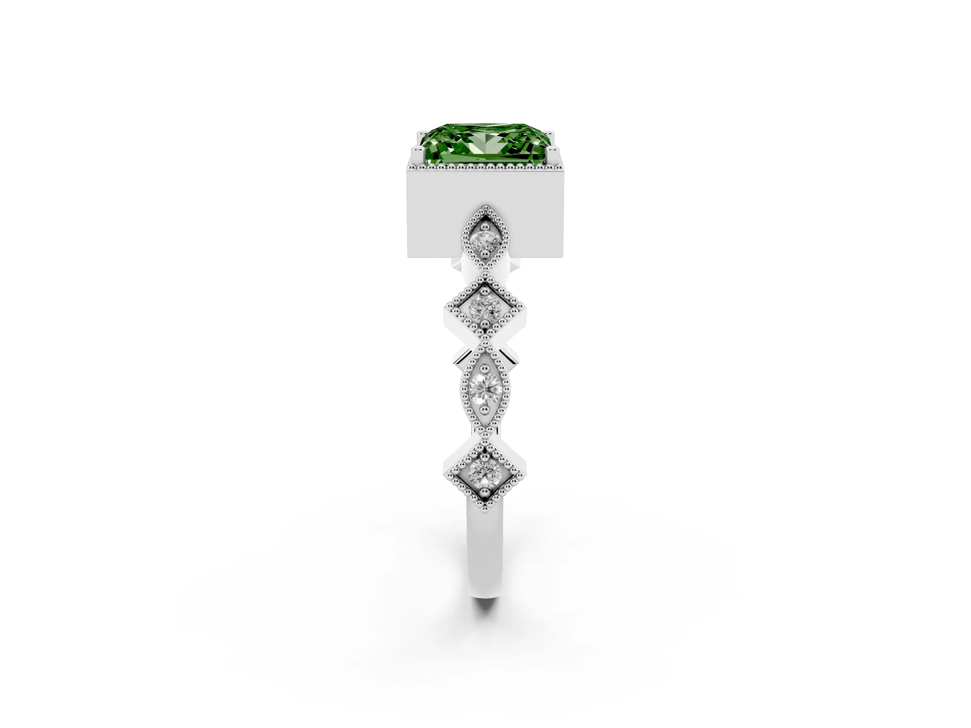 Fancy Green Princess Cut Diamond Milgrain Marquise Twist Band Ring Set in White gold with Prong Setting
