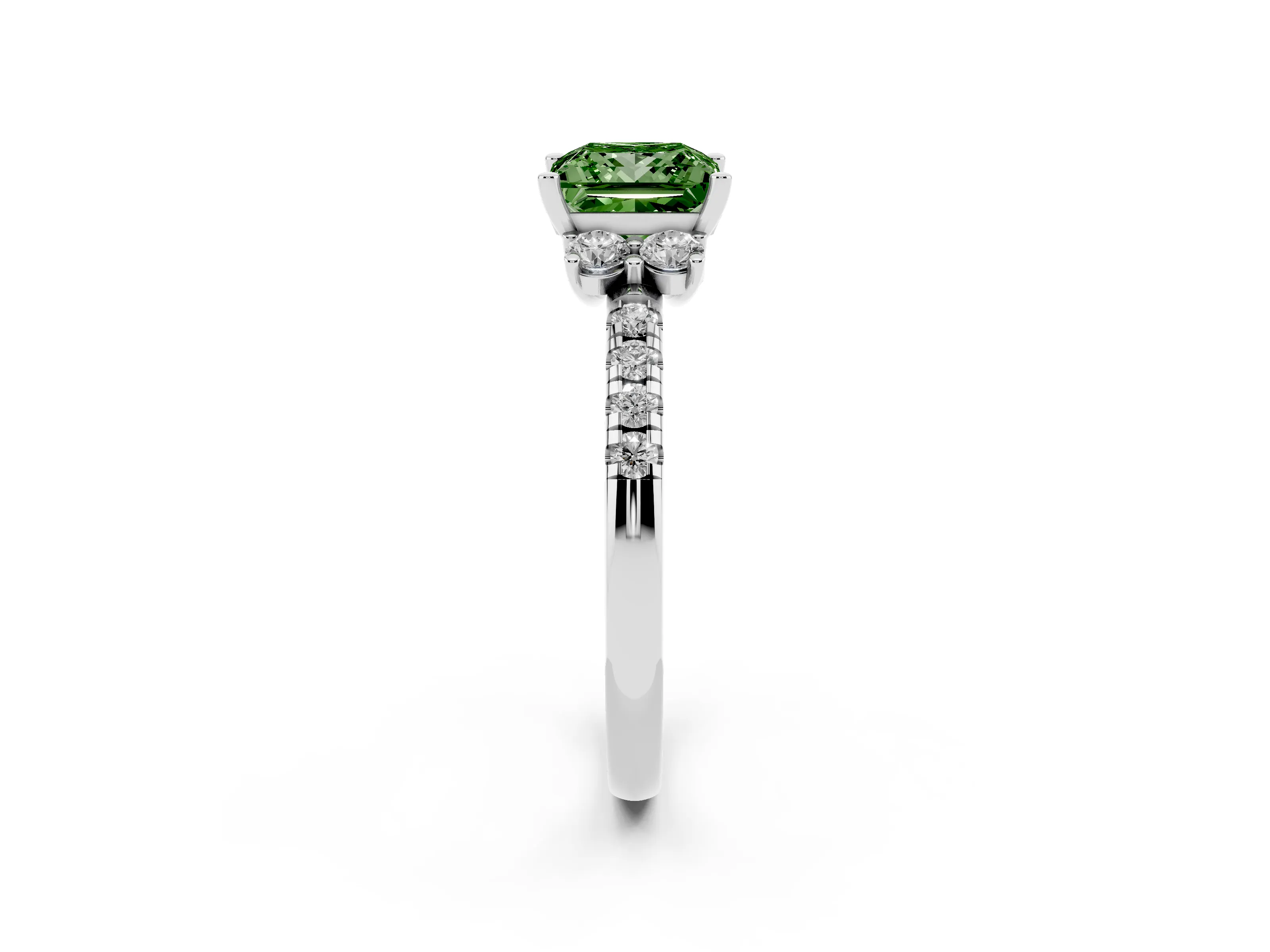 Fancy Green Princess Cut Diamond Three-Stone Pavé Ring Set in Platinum with Prong Setting