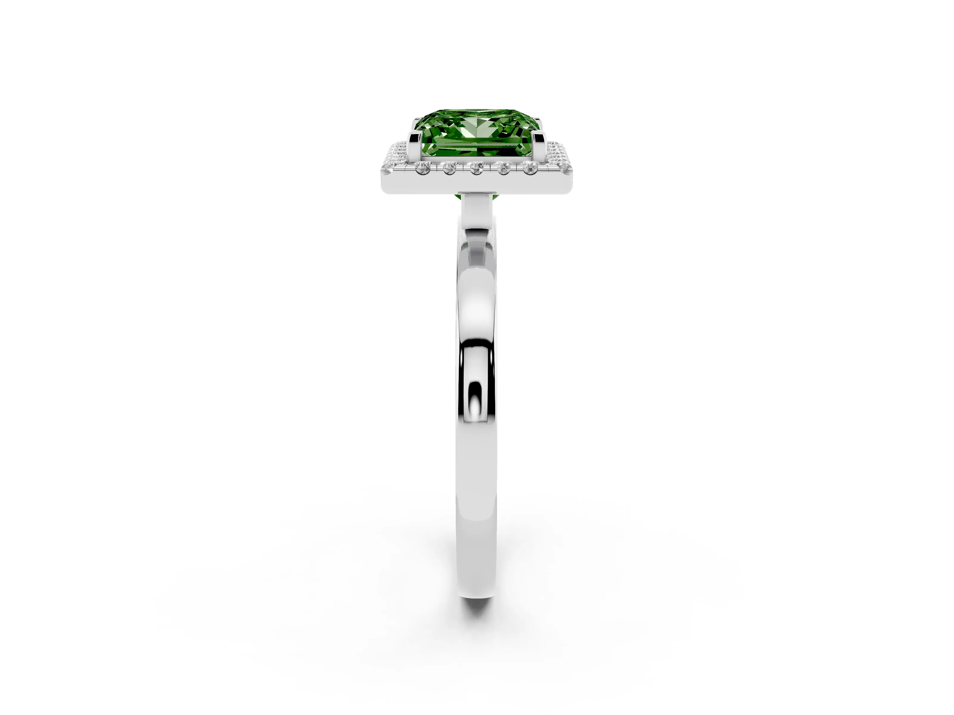 Fancy Green Princess Cut Diamond Halo Solitaire Ring Set in White gold with Pavé Band and Prong Setting