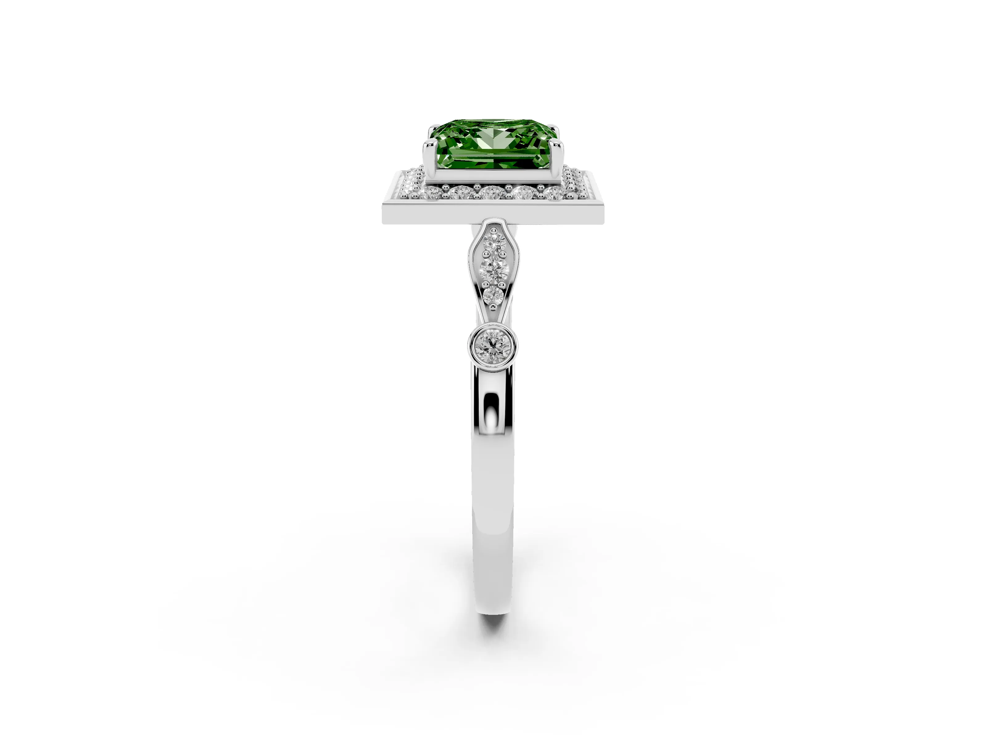 Fancy Green Princess Cut Diamond Halo Engagement Ring Set in Platinum with Twisted Band and Prong Setting
