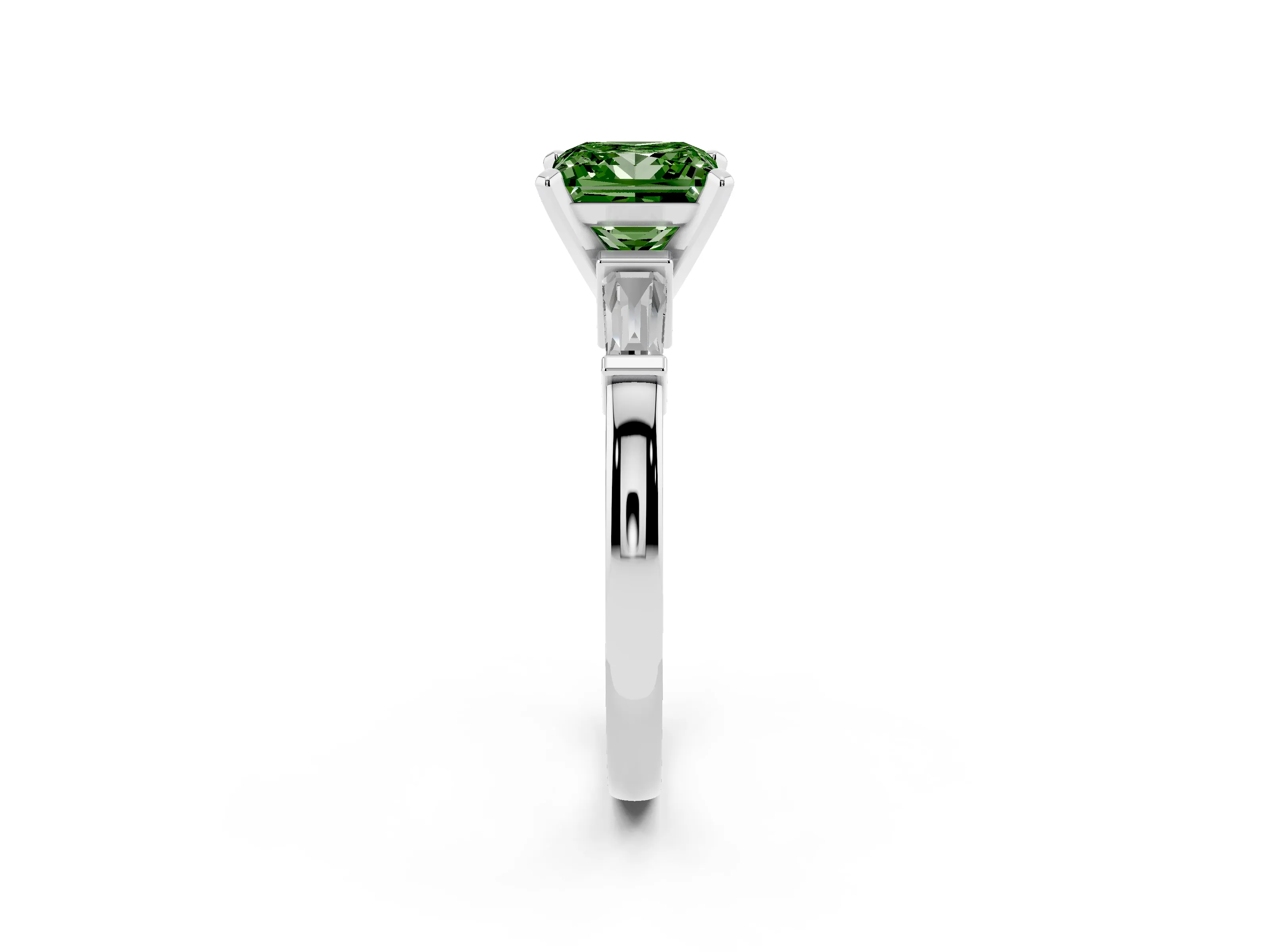 Fancy Green Princess Cut Diamond Solitaire Ring Set in White gold with Tapered Baguette Accents and Prong Setting