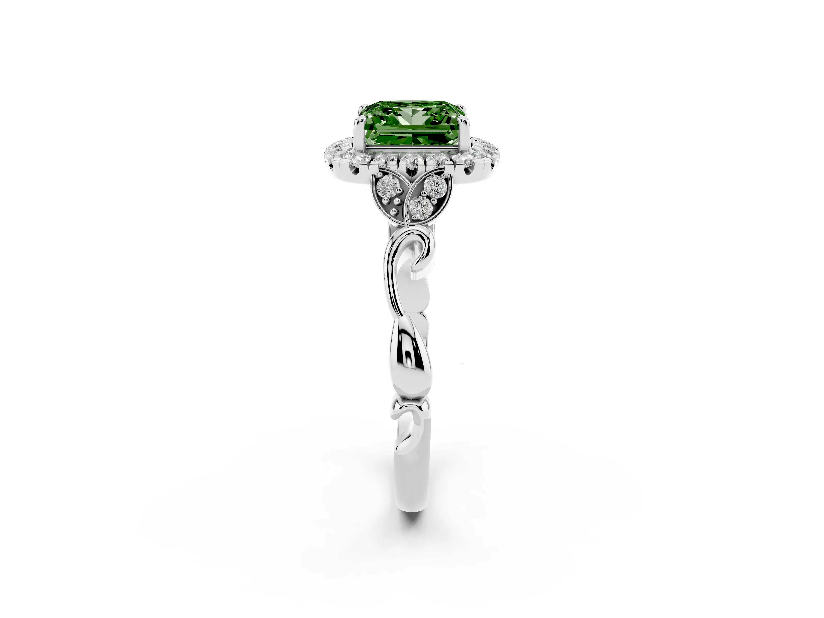 Fancy Green Princess Cut Diamond Halo Engagement Ring Set in Silver with Vintage-Inspired Band and Prong Setting